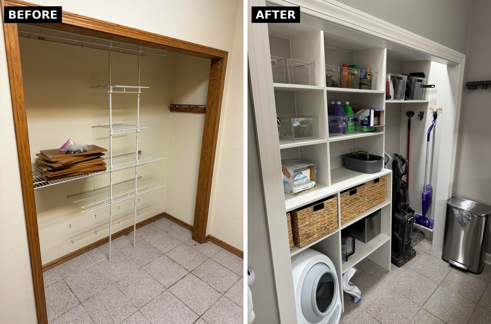 Side by side comparison of the empty wire shelf laundry closet with a stack of leftover cabinet doors on the left and the finished floor to ceiling built in closet with pantry style shelving, woven baskets, a vacuum lineup and the Litter Robot visible on the right.