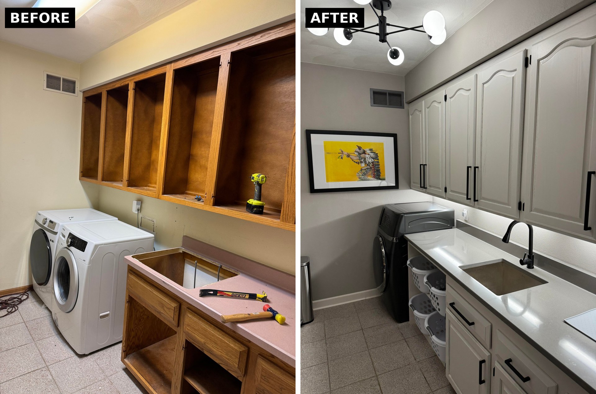 Side by side comparison with the dated pink counter and honey oak cabinet before shot on the left and the finished light gray cabinets with sink, quartz counter and globe light on the right.