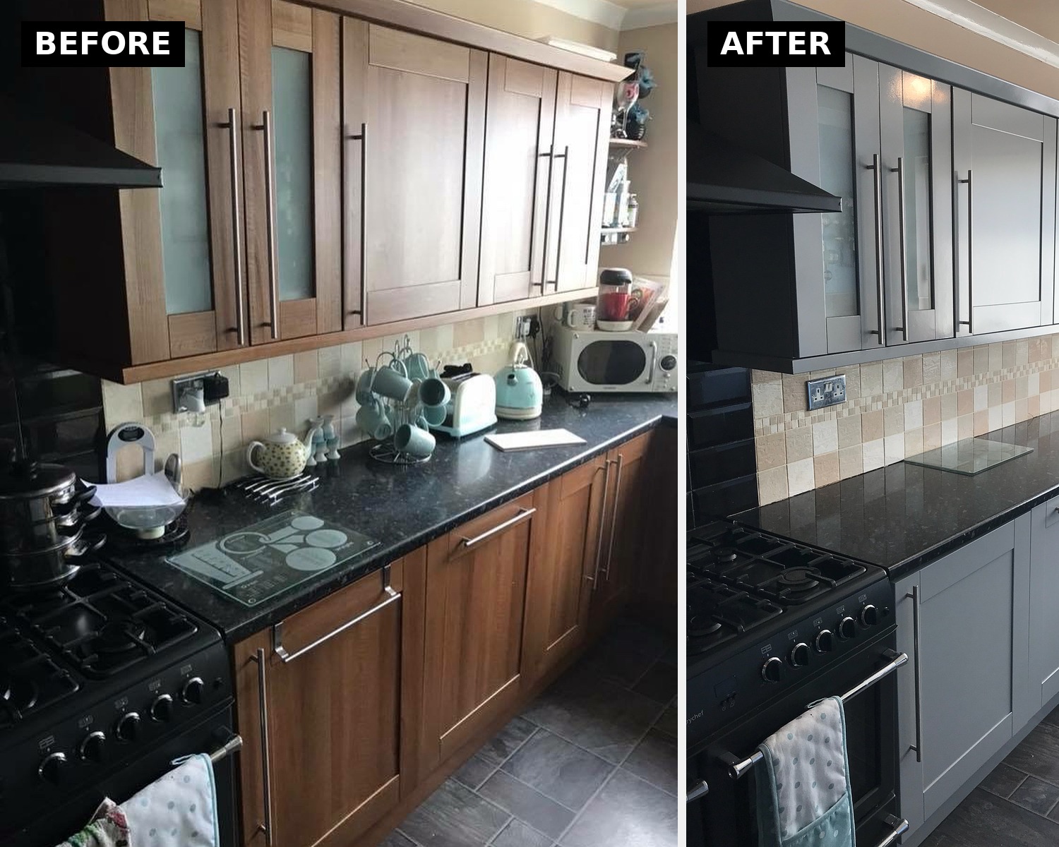 Side by side view of the main cabinet wall with walnut Shaker doors and warm wood tones on the left, and the same wall painted in Manor House Grey with cool, modern finish on the right, showing the same range, mosaic backsplash, granite counter, and chrome handles in both.