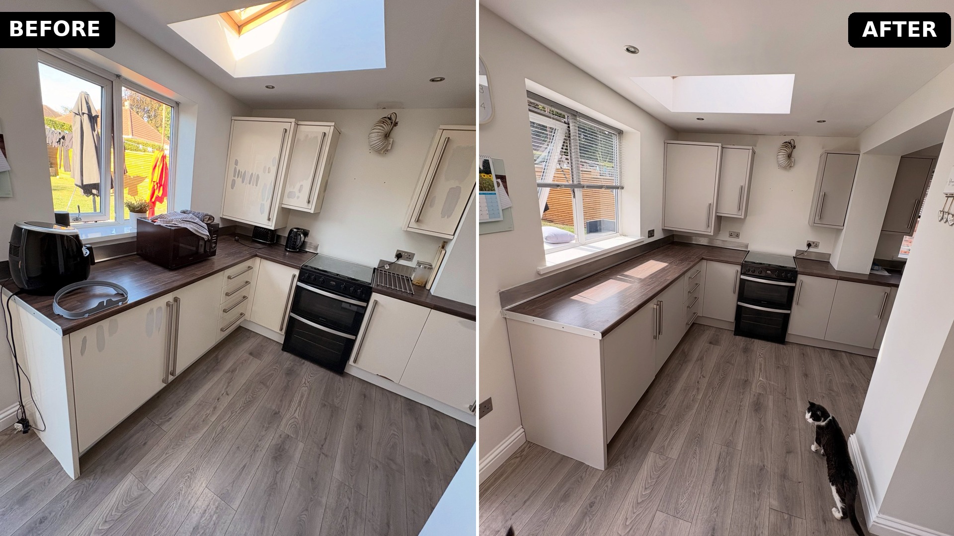 Side by side comparison of the main kitchen, left shows cream wrapped cabinets with peeling patch marks and the room cluttered with air fryer and microwave, right shows the same room repainted in Farrow and Ball Purbeck Stone with a cat sitting on the floor.