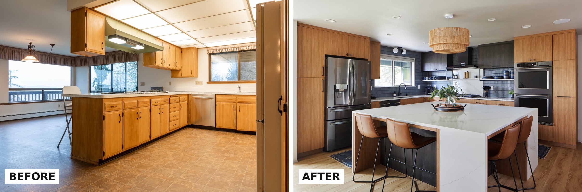 Side by side comparison showing the dated maple kitchen with a dropped soffit on the left, and the renovated teak and dark blue kitchen with a flat ceiling and large waterfall island on the right.