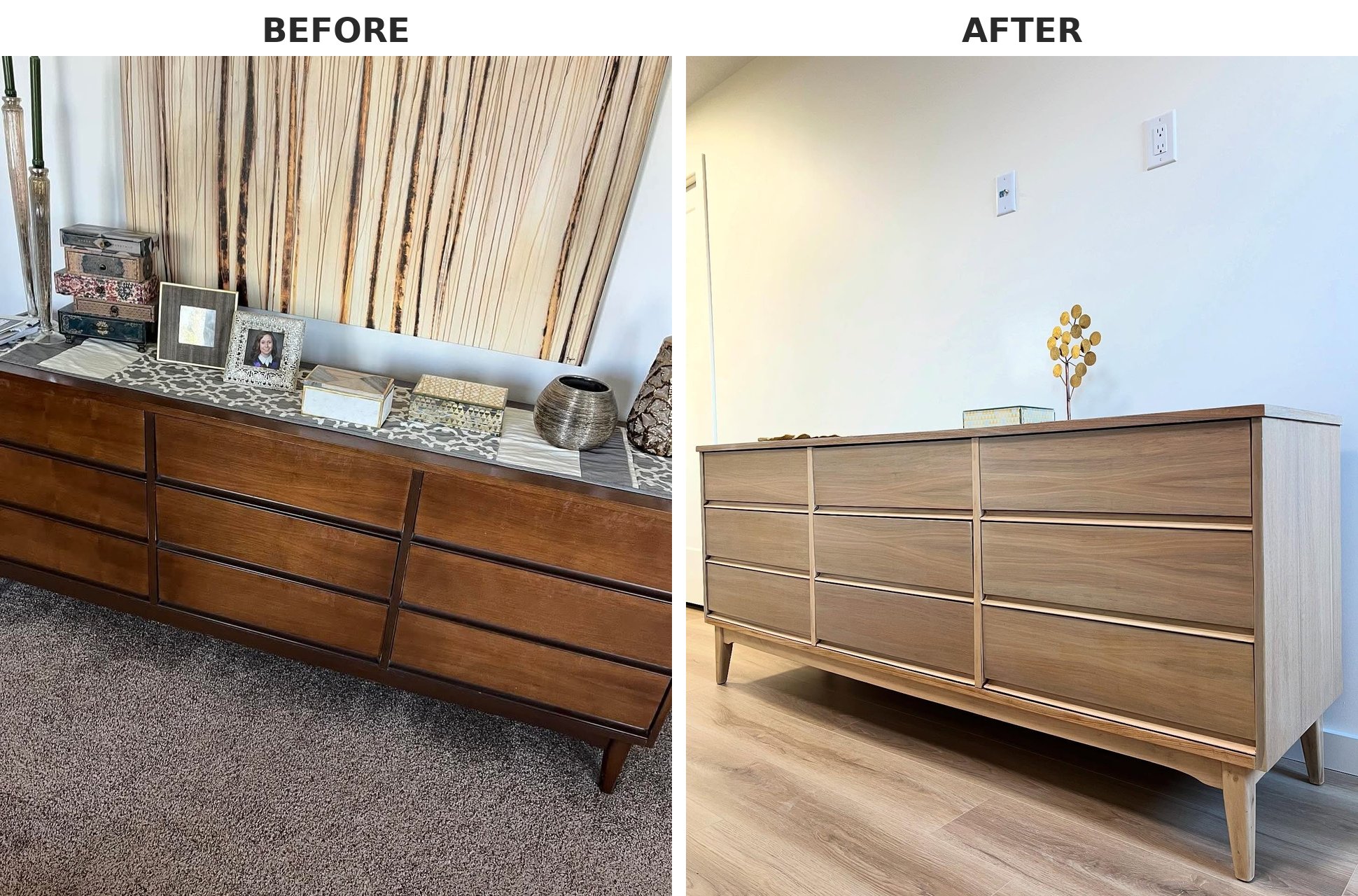 Side-by-side before and after of a nine-drawer mid-century modern dresser, dark orange original stain and heavy styling on the left, refinished lighter natural walnut with minimal styling on the right.
