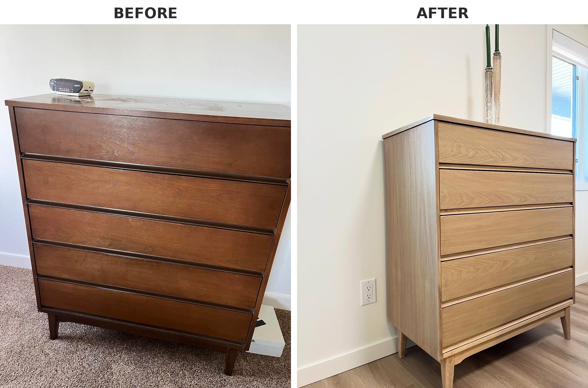 Side-by-side before and after of a mid-century modern tall chest, dark walnut stain on the left and lightened natural walnut on the right, same five-drawer frame and tapered legs.