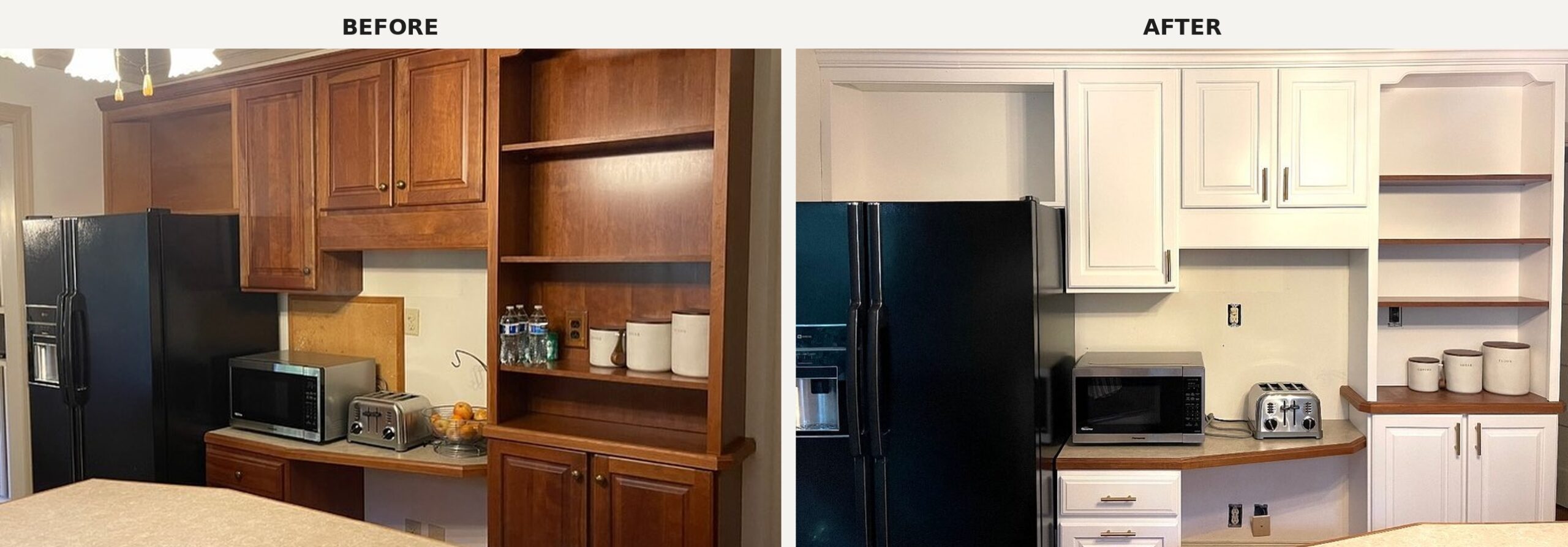 Side-by-side comparison of the fridge, upper cabinets, and bookshelf corner. Left panel shows honey oak throughout with a crowded bookshelf. Right panel shows the same cabinets painted white, the open shelf tops re-stained walnut, canisters moved to the counter, and the same black fridge and microwave nook still in place.