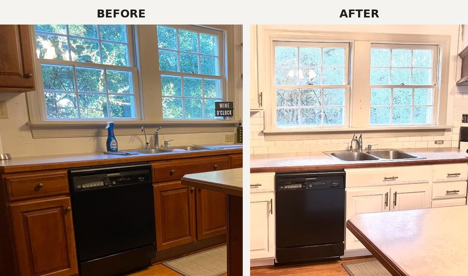 Side-by-side comparison of the sink wall. Left panel shows honey oak cabinets, no backsplash, beveled formica counter, and a black dishwasher. Right panel shows the same windows, same sink, same dishwasher, same formica counter, now with white painted cabinets, a white subway tile backsplash, and brushed nickel bar pulls.