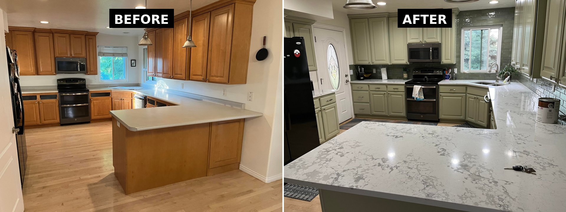 Side-by-side comparison showing the same kitchen with honey oak cabinets and gray formica counters on the left, and sage green painted cabinets with a white and gray quartz peninsula on the right.
