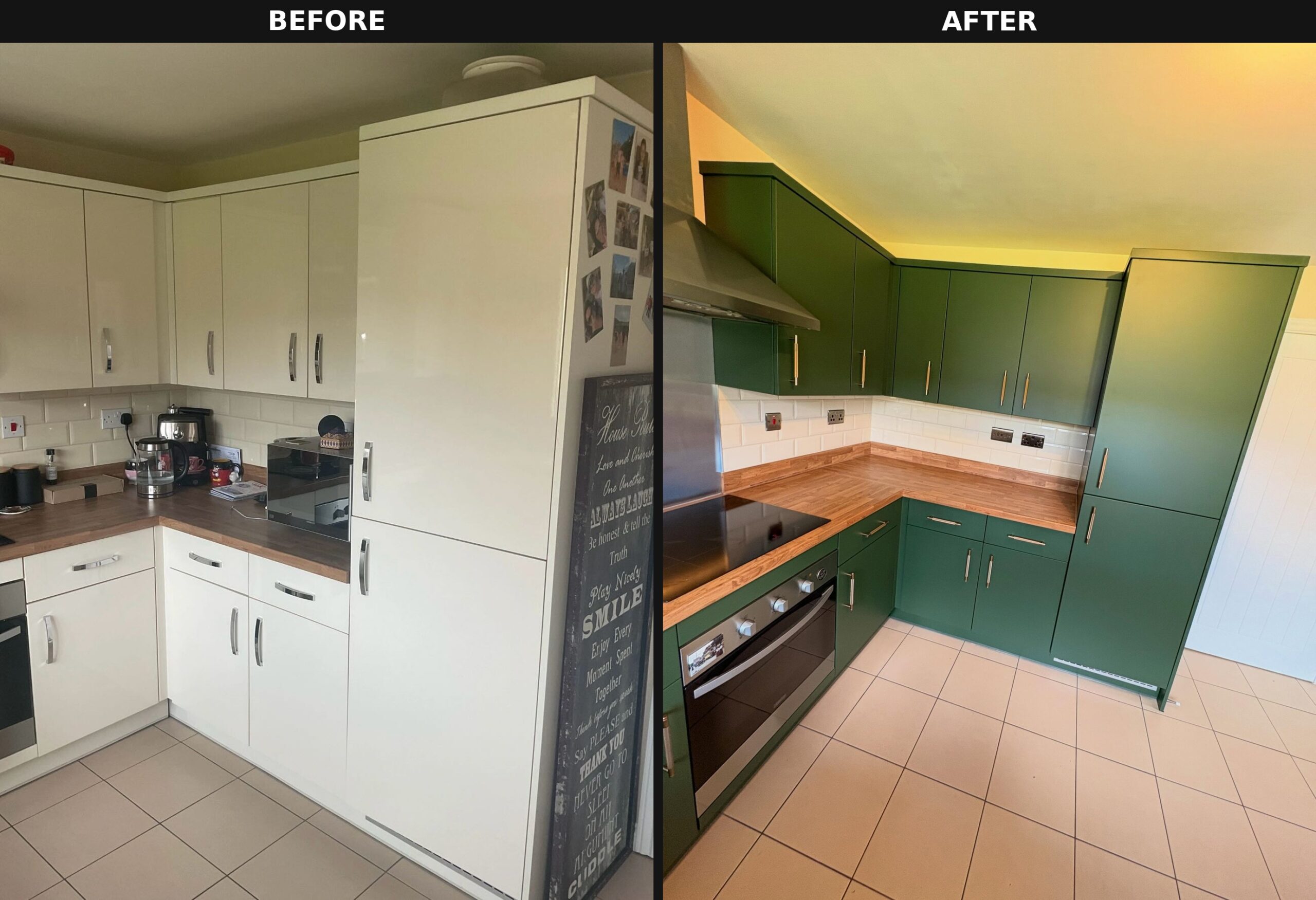 Side by side comparison of the pantry corner, cream high-gloss pantry cabinet with chrome handles on the left, deep green matte cabinet with brass bar pulls on the right.