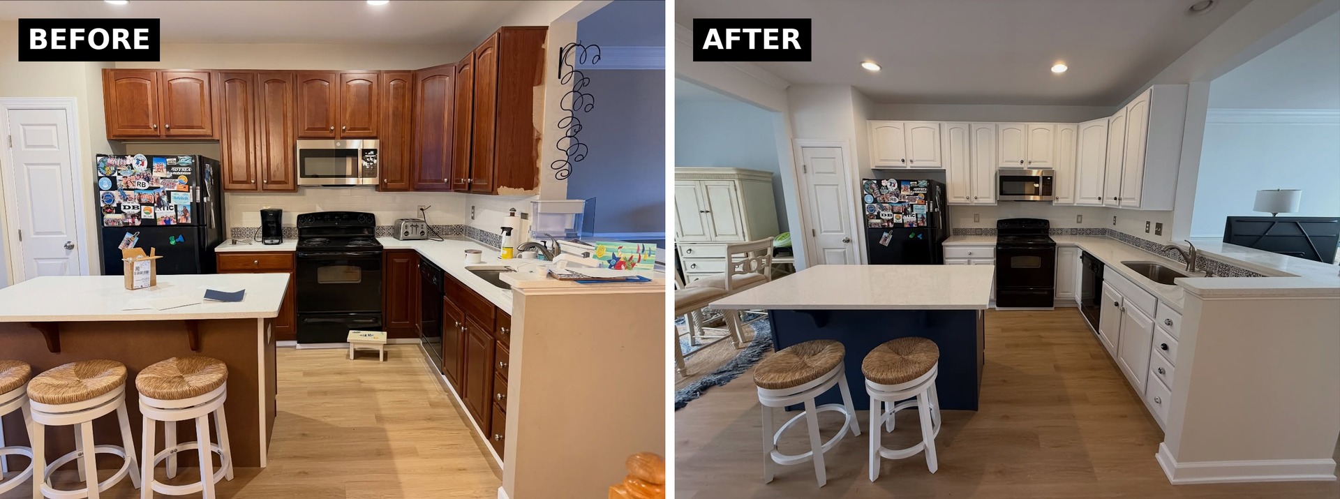 Side-by-side comparison from the pantry side. Before shows cherry cabinets, a brown-paneled island base, and three rush-seat stools. After shows white cabinets, a navy island, and two rush-seat stools in a brighter open layout.
