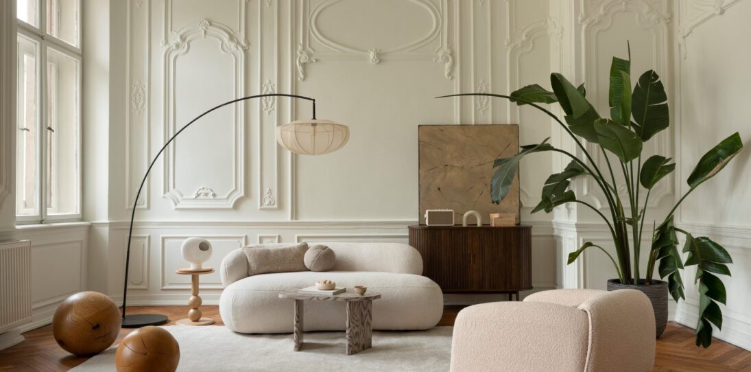 Parisian-style living room with ornate white plaster wall paneling and crown molding, a curved cream boucle sofa paired with a matching boxy lounge chair, a black arc floor lamp with a pleated silk shade, a dark wood ribbed sideboard, two large wood sphere sculptures resting on an ivory rug, a small sculptural wood coffee table, and a tall bird of paradise plant on a chevron herringbone wood parquet floor.