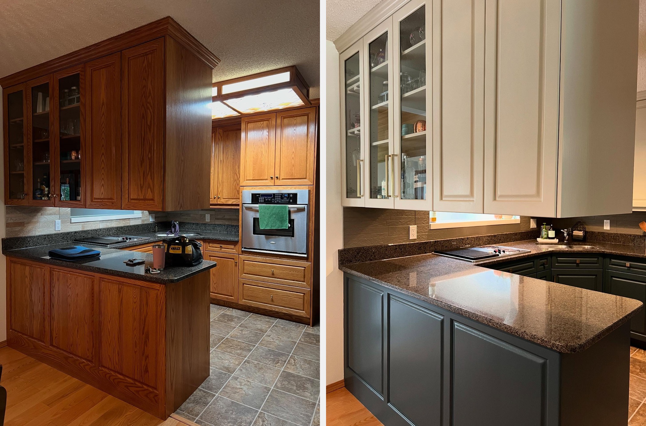 Side by side comparison of the kitchen peninsula with honey oak glass-front uppers and raised-panel lowers before, and the same peninsula with Hazy Skies sage glass-front uppers and Lead Grey dark forest green lowers with long brass bar pulls after.