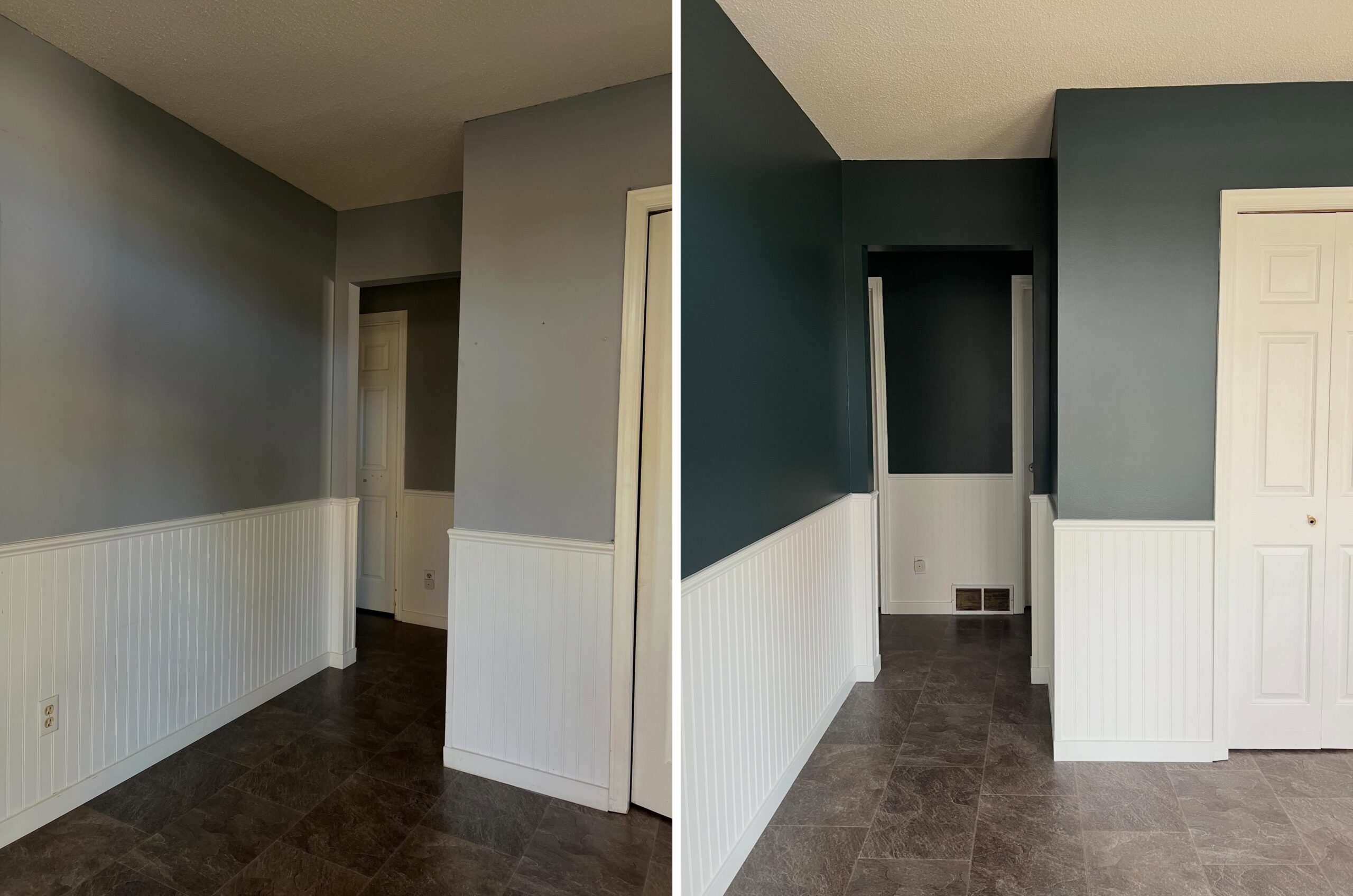 Side-by-side comparison of the corner view, before in soft pigeon-gray and after in Benjamin Moore Narragansett Green, both with the same white beadboard wainscoting and dark tile floor.