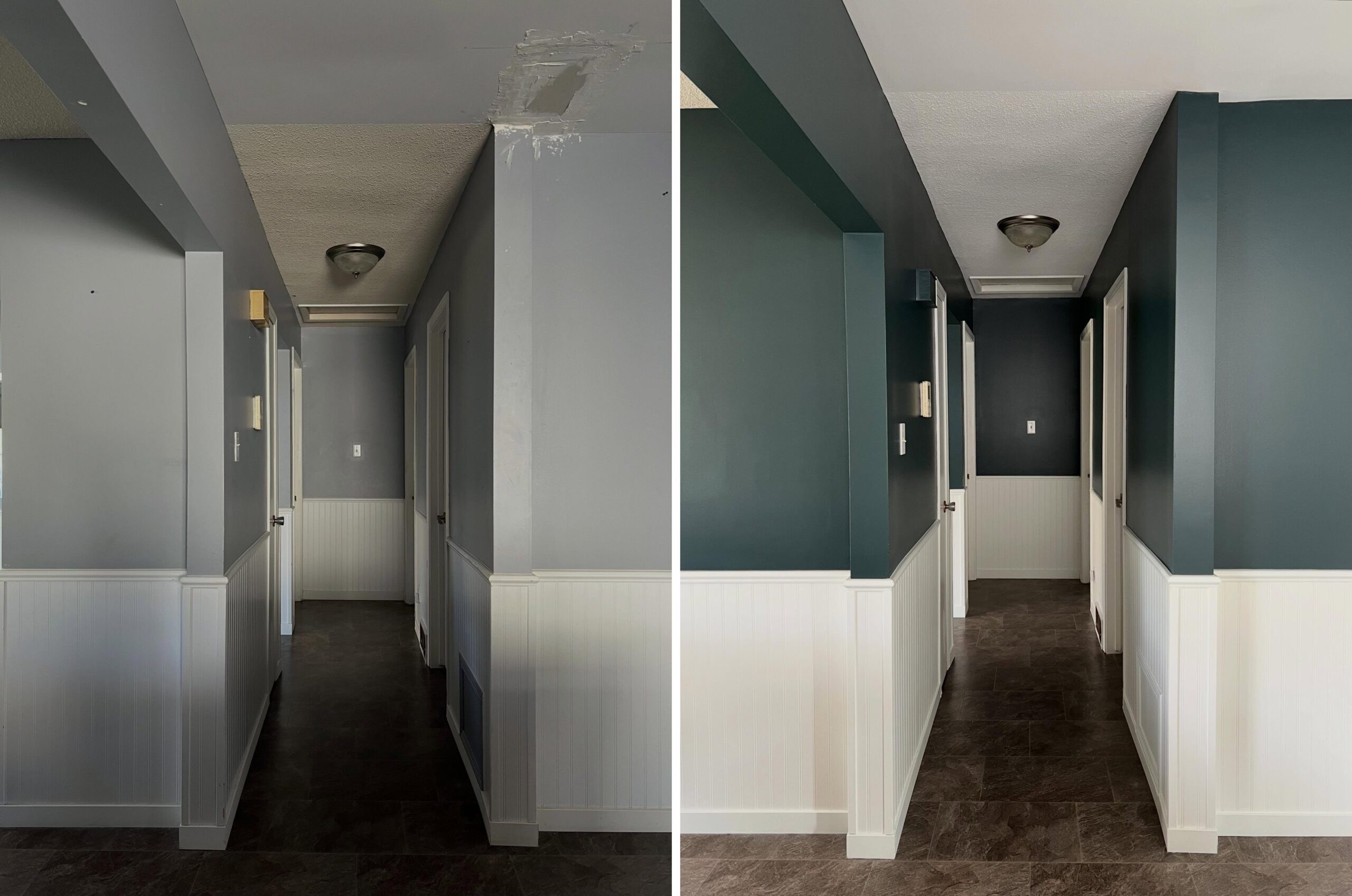 Side-by-side comparison showing the hallway in its original pigeon-gray paint on the left and the same hallway repainted in Benjamin Moore Narragansett Green on the right, both with white beadboard wainscoting and dark tile floor.