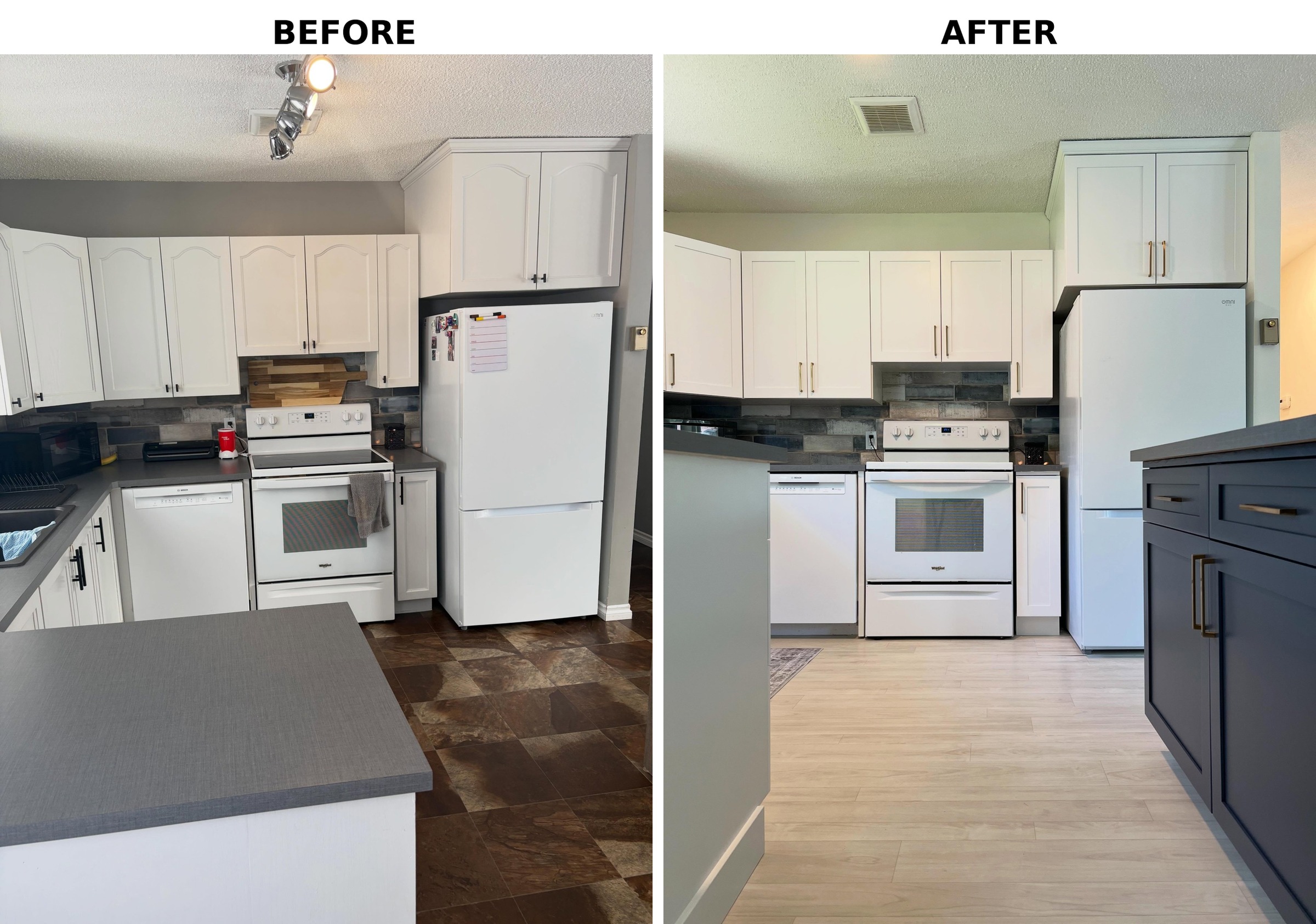 Side-by-side comparison of the range and fridge wall, before with cream cathedral cabinets and dark brown floor tile, and after with Chantilly Lace Shaker uppers, a Hale Navy base cabinet, a white Whirlpool range, blonde LVP flooring, and the same multi-tone subway tile backsplash.
