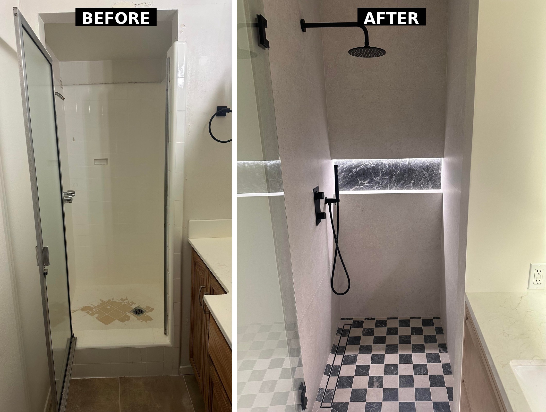 Side by side comparison of the old white tile shower with a damaged floor on the left and the new shower with large Kalkers White tile, a black rain head, a hand shower, and a checkered marble floor on the right.