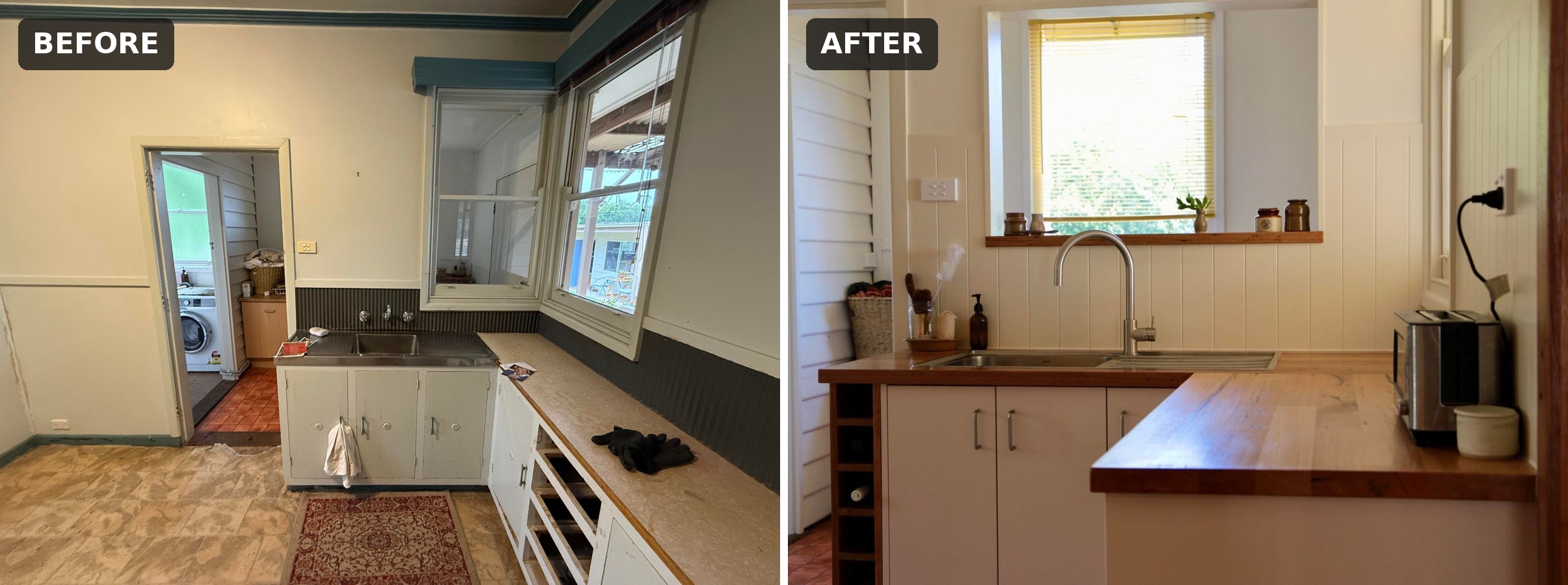 Side-by-side comparison of an old steel sink corner with laminate counters and the same corner redone with hardwood counters and white paneled walls.
