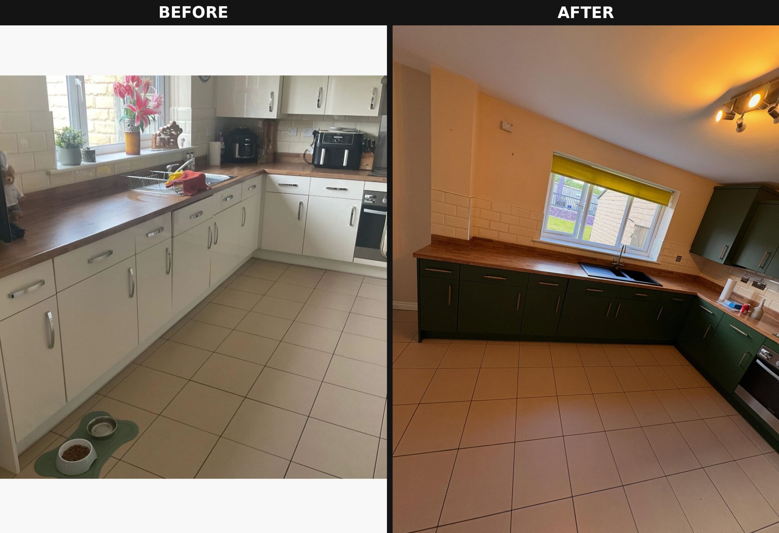 Side by side comparison of the kitchen sink wall, cream gloss cabinets with chrome handles and dark walnut-effect counter on the left, deep green matte cabinets with brass pulls and light oak counter on the right, same window and sink in both.