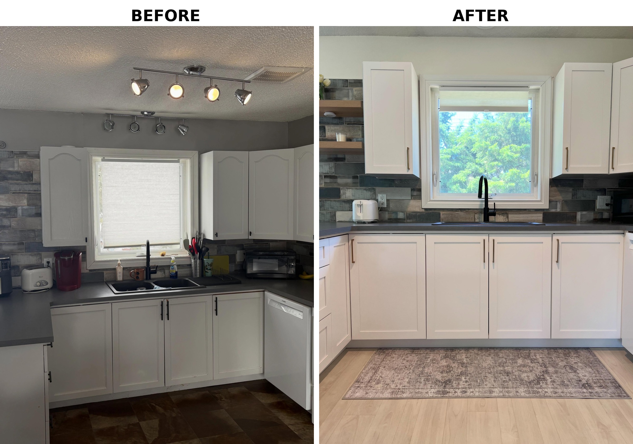Side-by-side comparison of the sink wall, before with cream cathedral cabinets, chrome track lighting, and a double sink, and after with Chantilly Lace Shaker cabinets, a single-bowl black sink, a matte black faucet, and a soft area rug on blonde flooring.