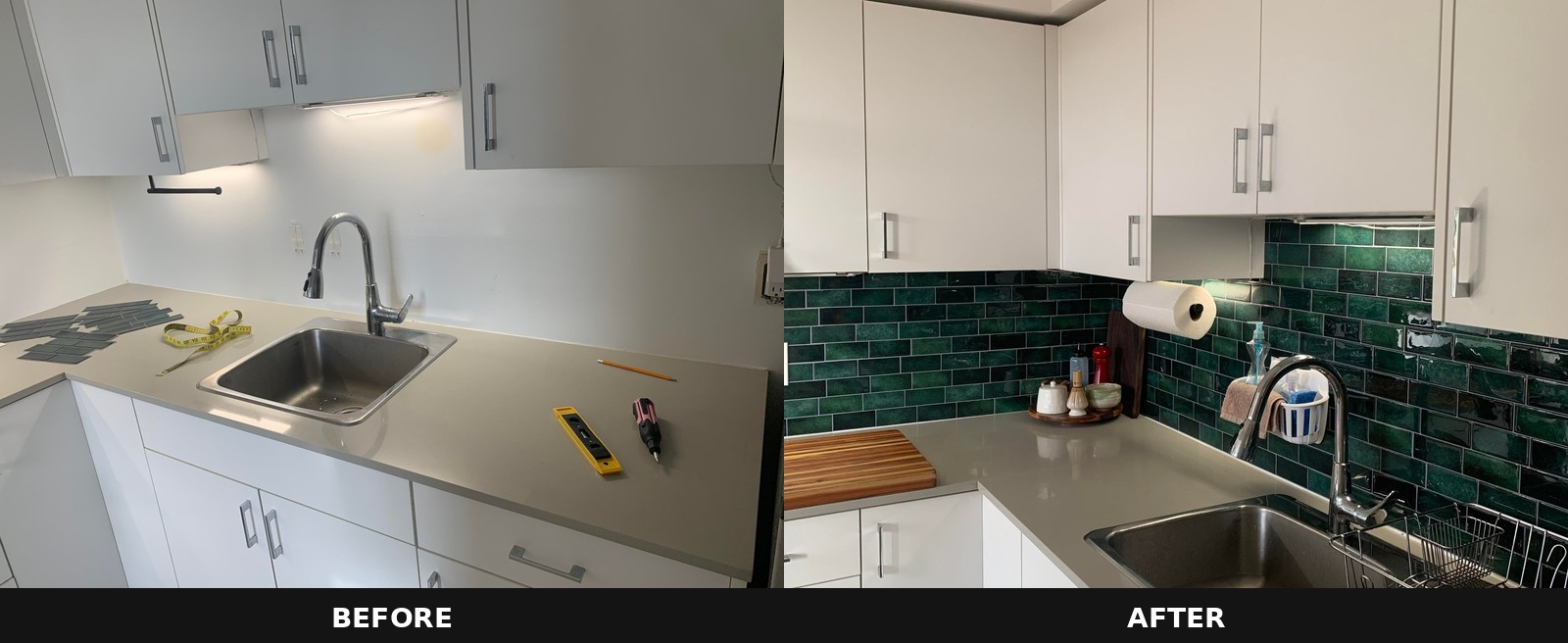 Side-by-side comparison of the sink wall. Left: plain white painted backsplash with loose green tiles on the counter. Right: finished glossy dark green subway tile backsplash around the sink and corner.