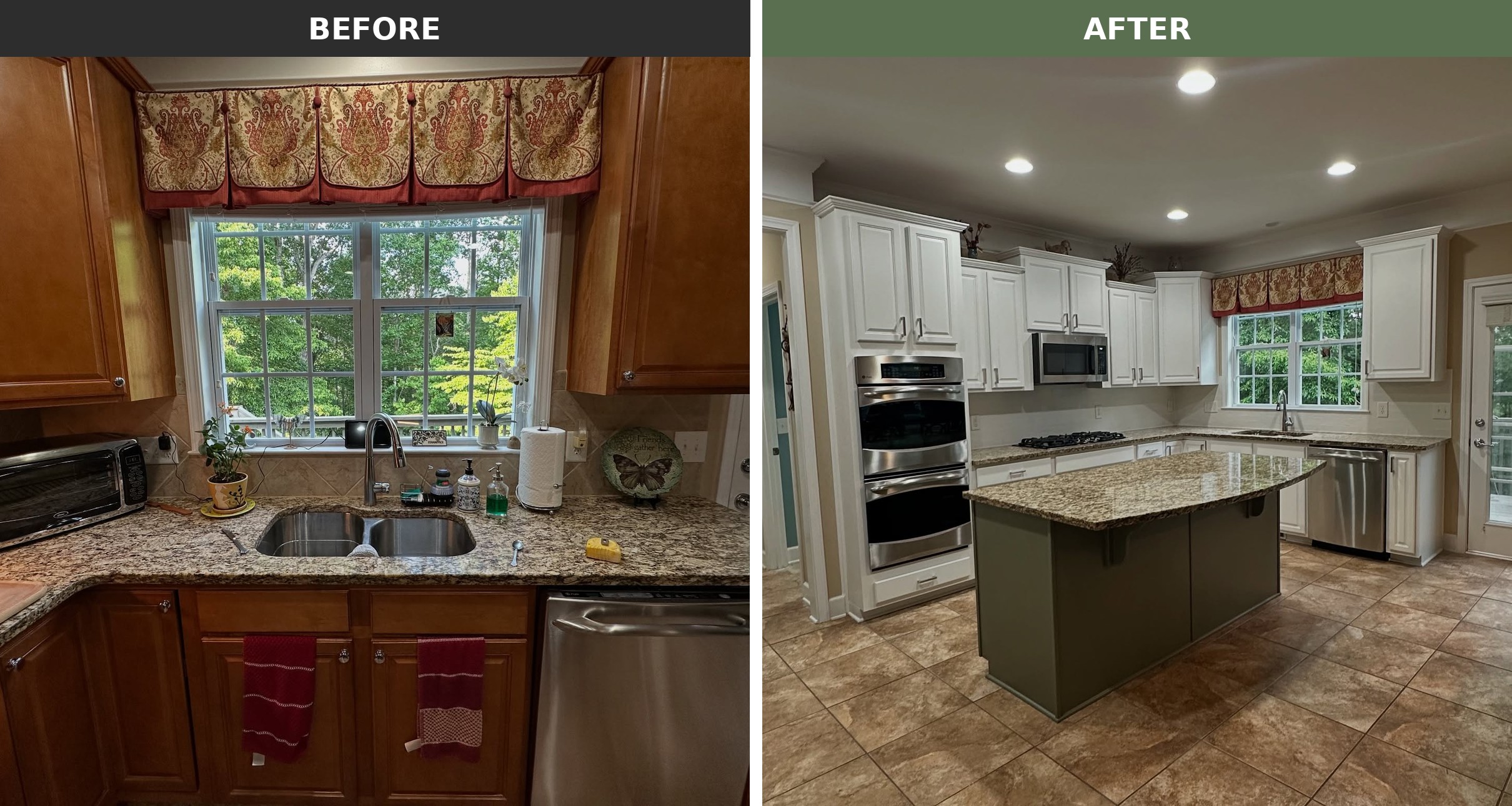 Side by side view of the same kitchen sink window. The before shows orange honey oak cabinets with a cream and brown diamond backsplash. The after shows the same cabinets painted creamy white with a cleaner matte backsplash, same red paisley valance in both.