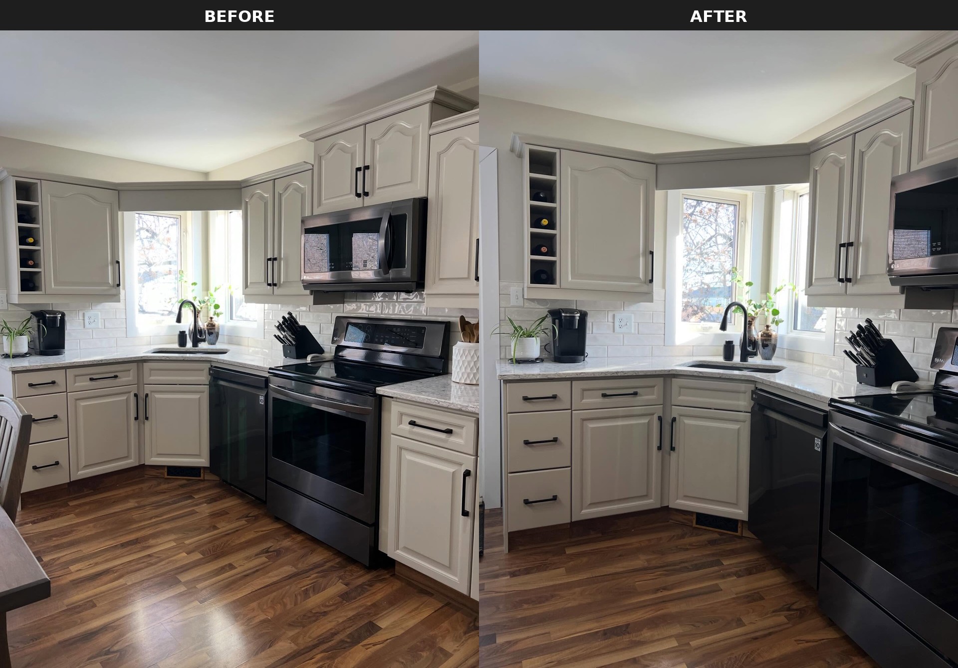 Side by side view of the same corner window bay with the sink in the middle, dark oak and speckled brown on the left, soft greige with cream quartz and a matte black faucet on the right.