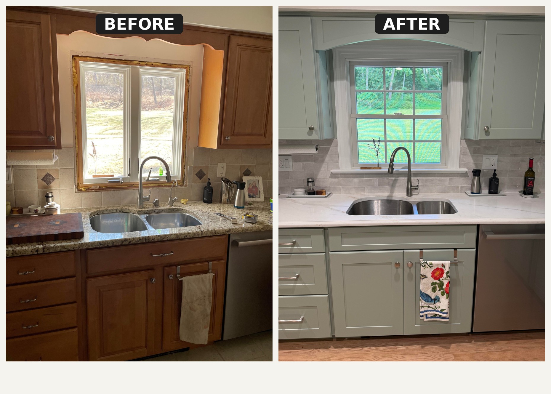 Side-by-side comparison of the kitchen sink window with a scalloped wood valance and old backsplash on the left, and a clean painted arch with white quartz and new tile on the right.