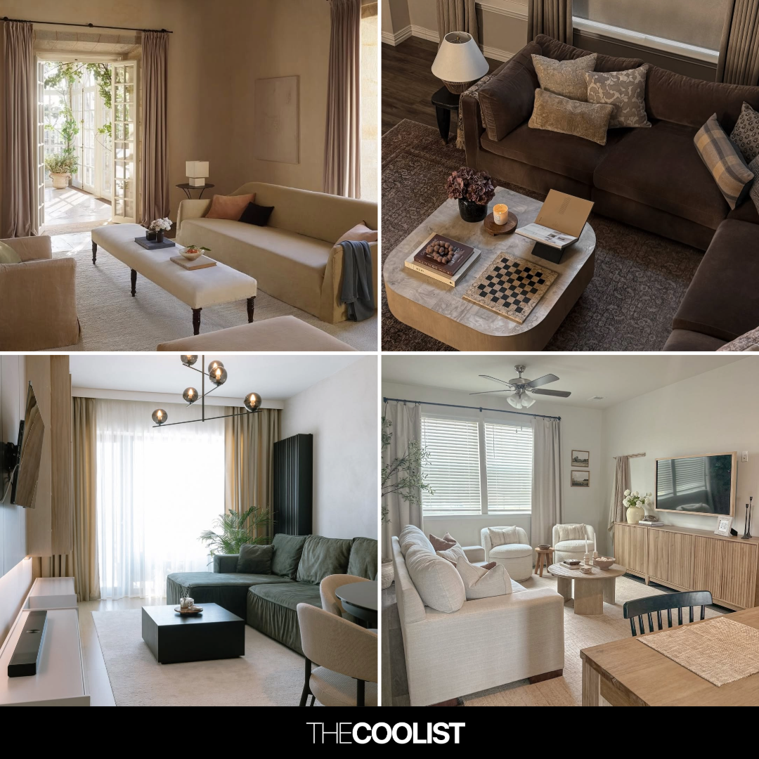 Four small living rooms side by side showing a beige slipcovered sofa with open French doors, a dark brown velvet sectional with a marble coffee table, a green velvet sectional under a globe chandelier, and a cream sofa facing a fluted wood TV console