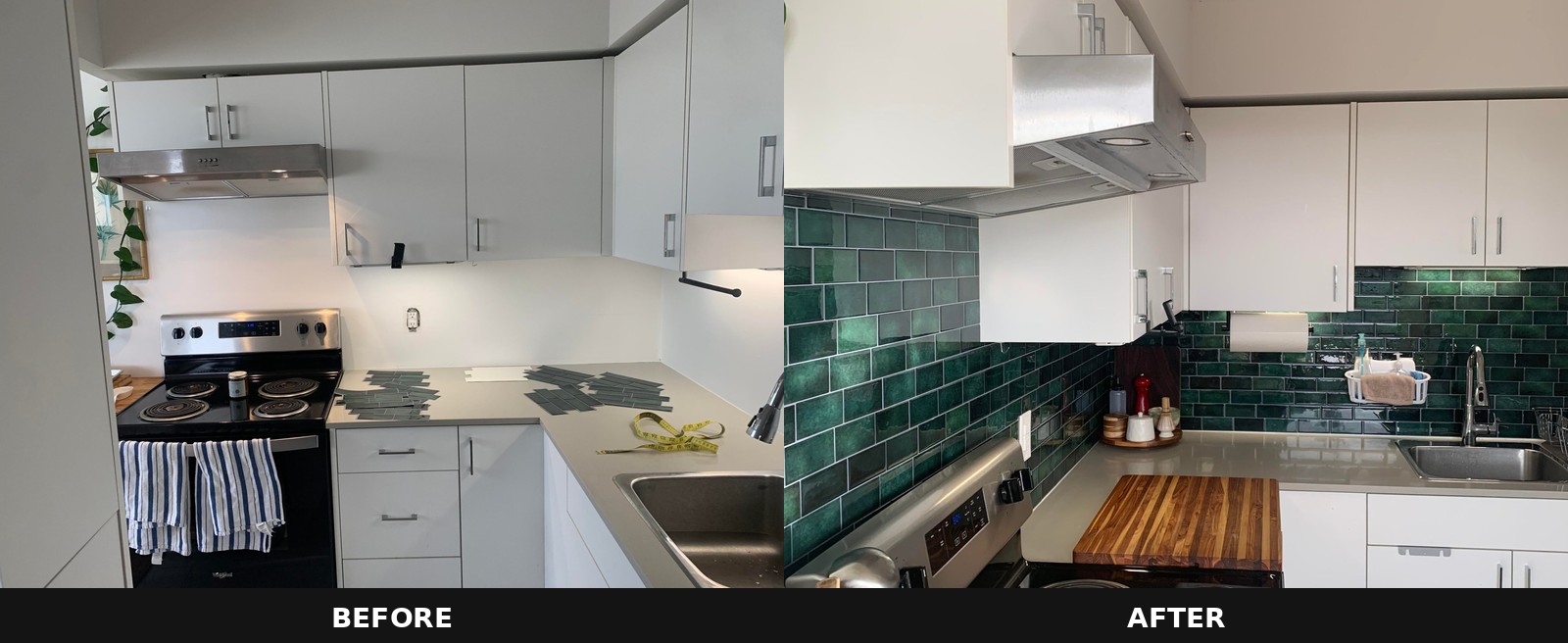 Side-by-side of the stove wall. Left: plain white backsplash with scattered green tiles on the counter during install. Right: finished glossy dark green subway tile backsplash behind the electric coil stove and range hood.