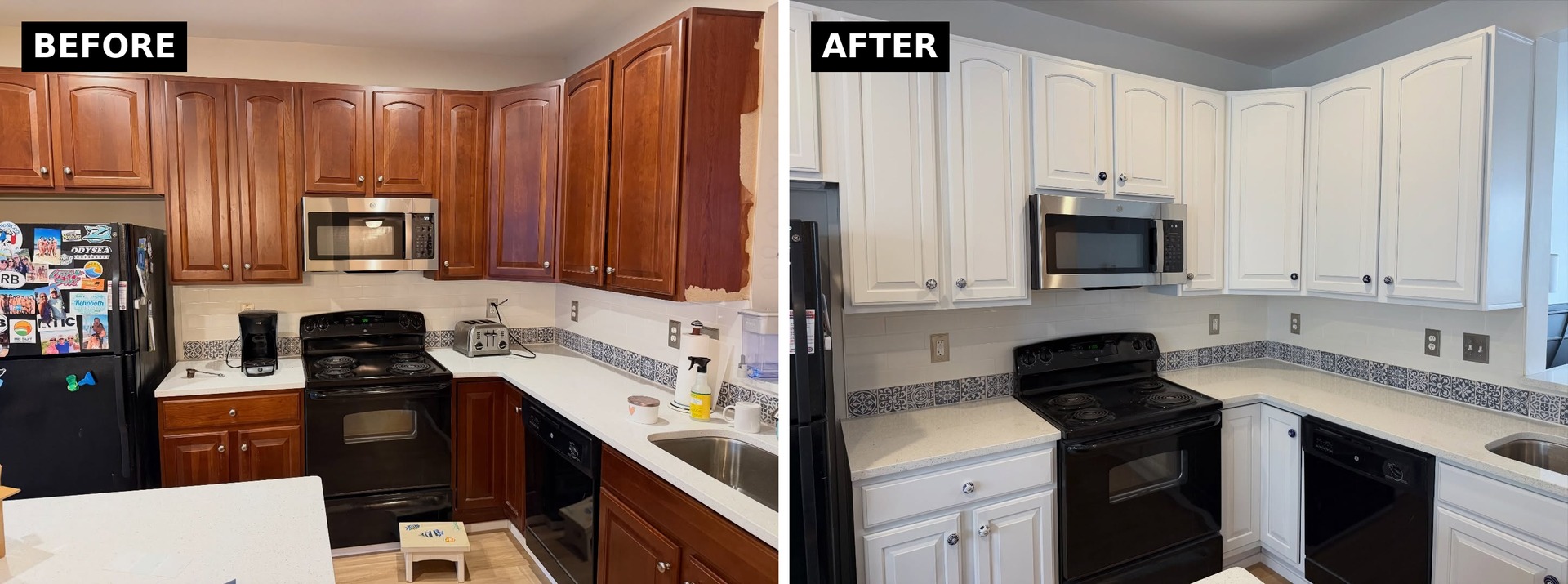 Side-by-side comparison of the stove wall. Before shows cherry wood cabinets with the Moroccan tile strip looking out of place. After shows white cabinets with the exact same tile reading as a feature.