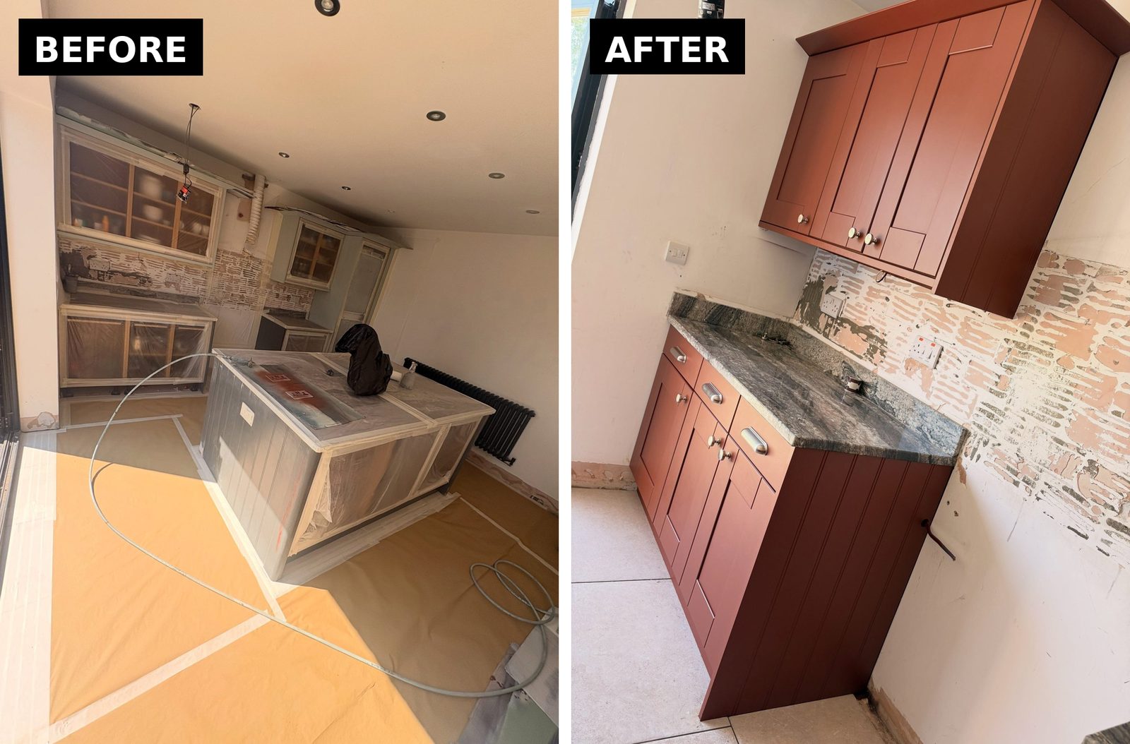 Side-by-side of the kitchen tall units in dusty sage glass fronts before and in solid Etruscan Red after.