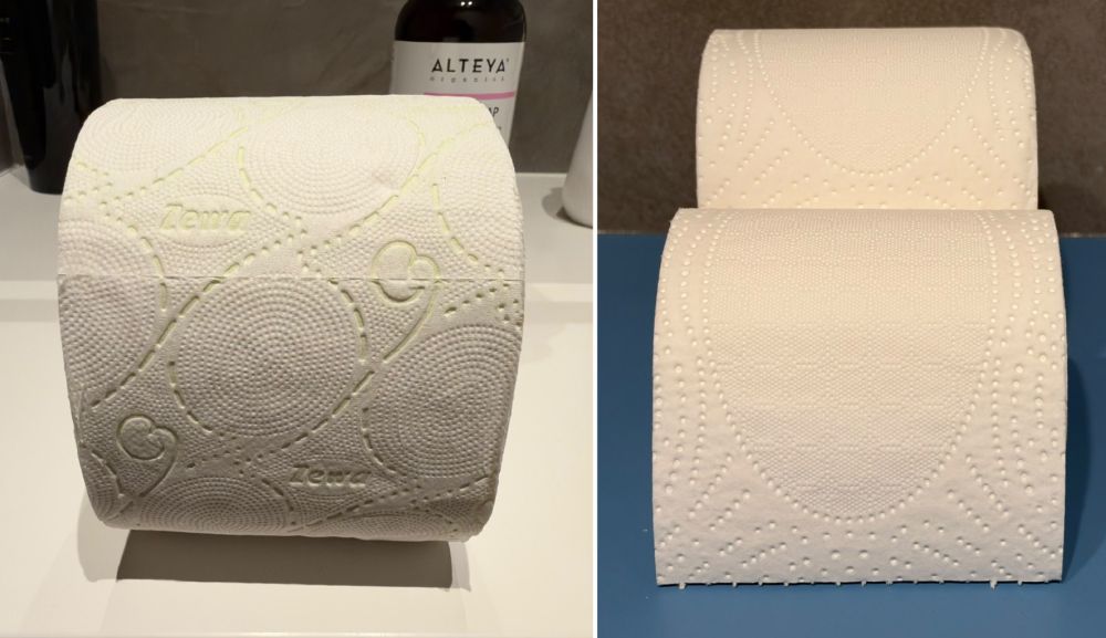 Different embossing designs on finished toilet rolls