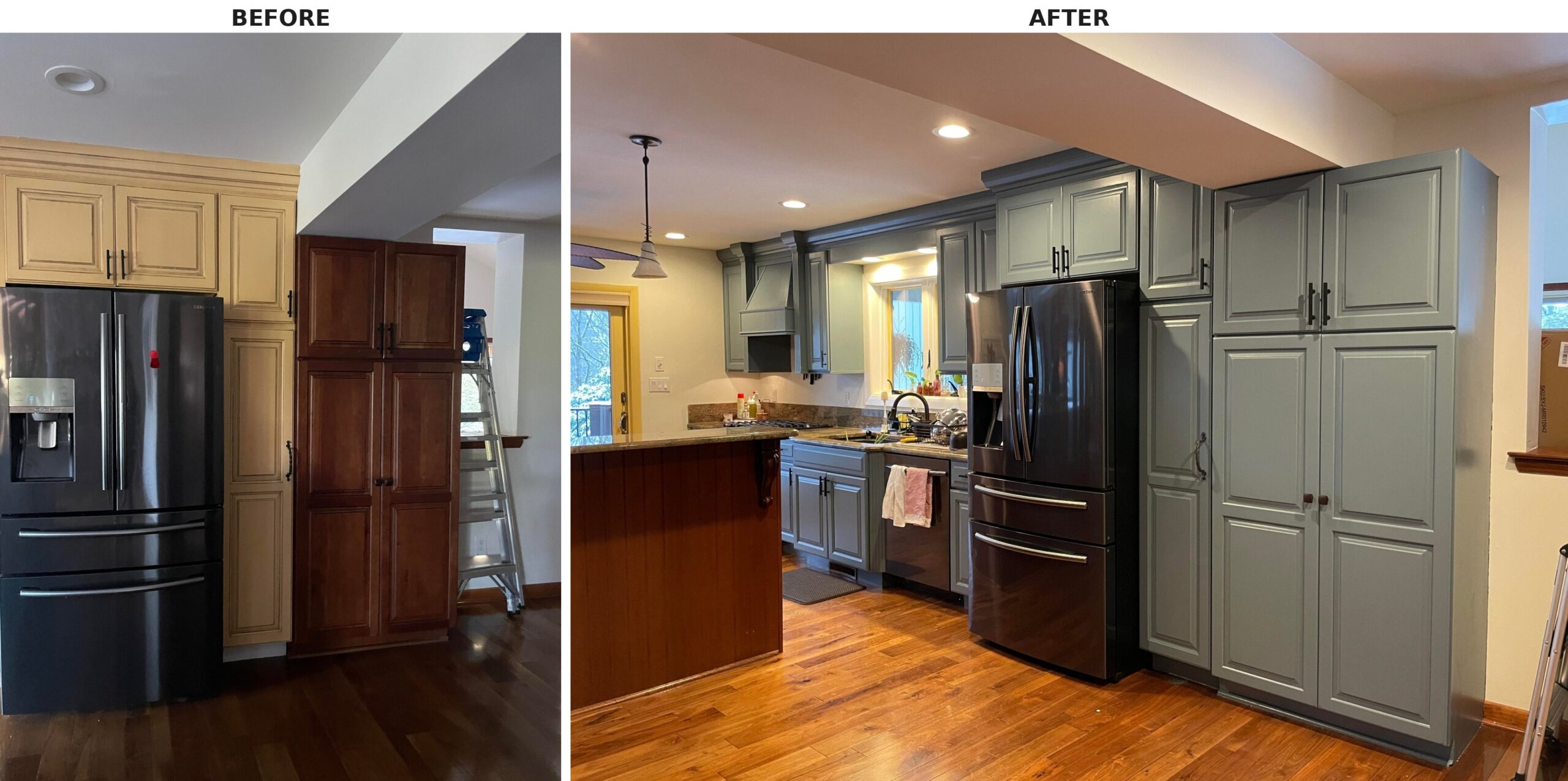 Side by side of the fridge and pantry wall, yellow cabinets next to a cherry pantry tower on the left, same cabinets painted blue with the pantry tower also painted blue on the right.