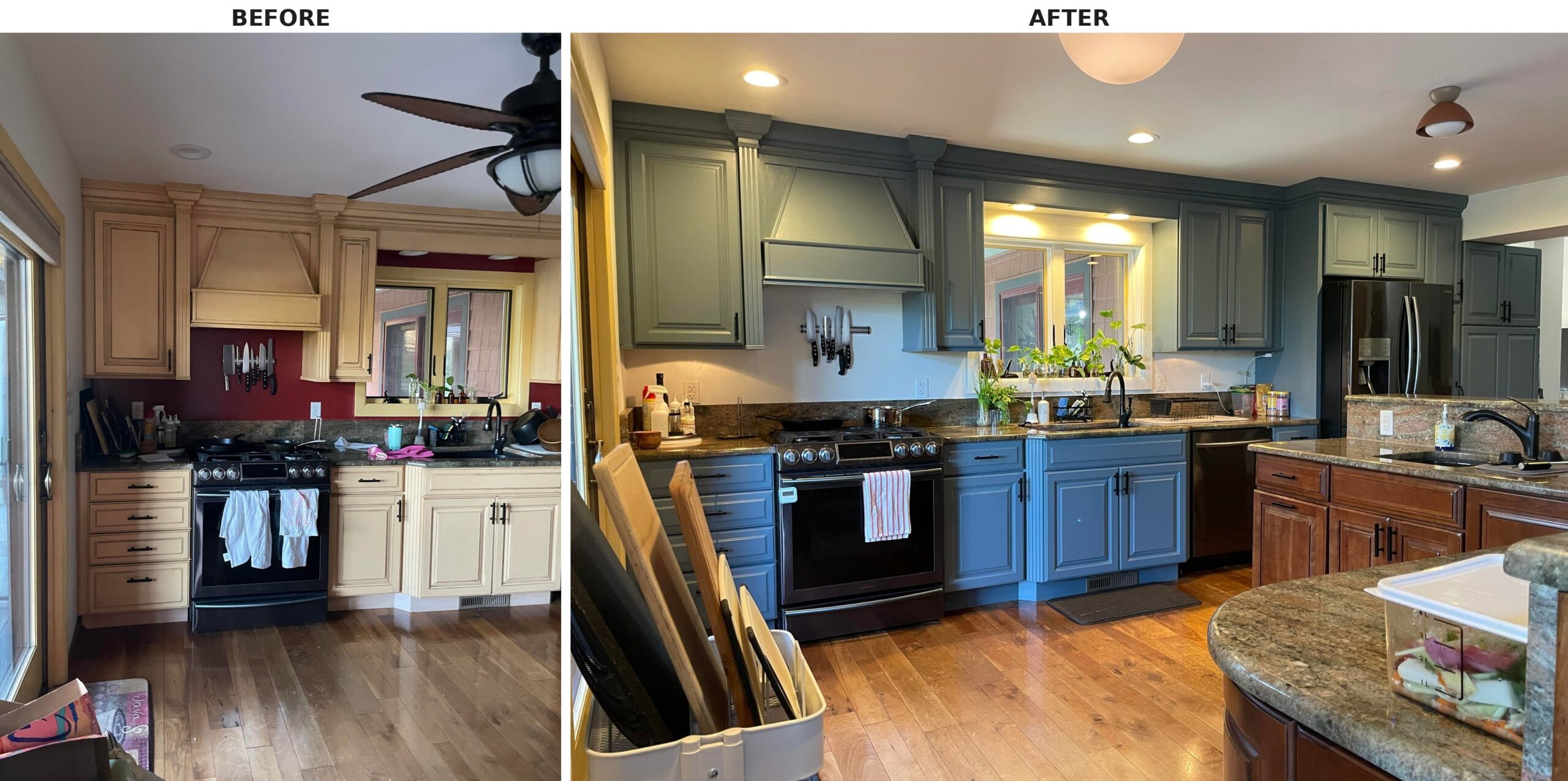 Side by side comparison of the stove wall, yellow glazed cabinets with a burgundy wall on the left, same cabinets painted deep slate blue with a clean neutral wall on the right.