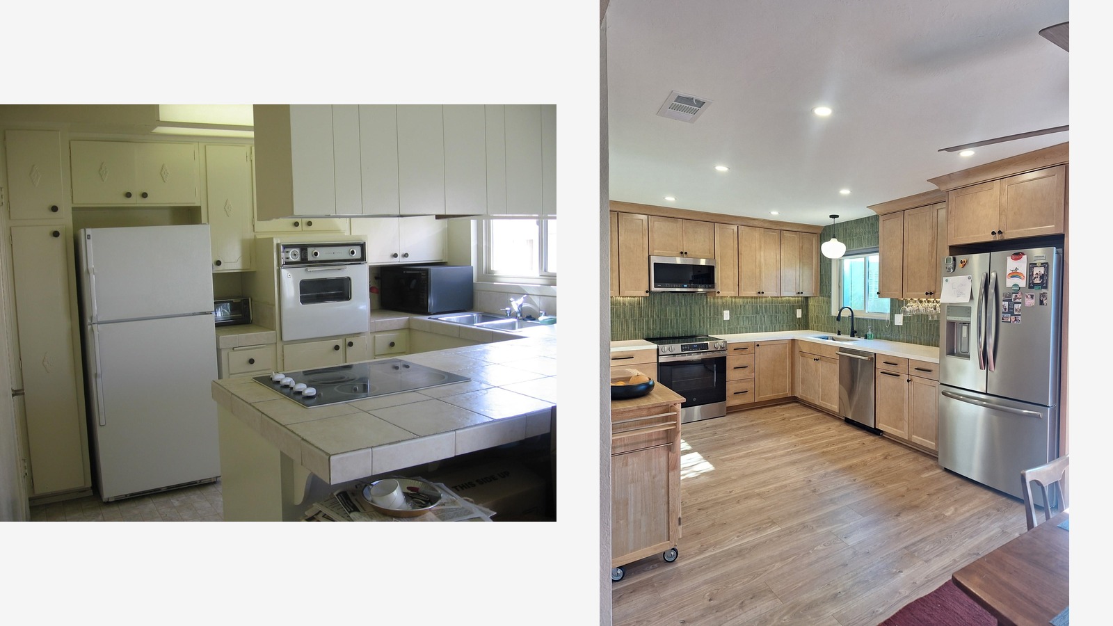 Side-by-side comparison of the 1966 U-shaped cream kitchen on the left and the finished L-shaped kitchen with rye-stained maple cabinets and a green fluted tile backsplash on the right.
