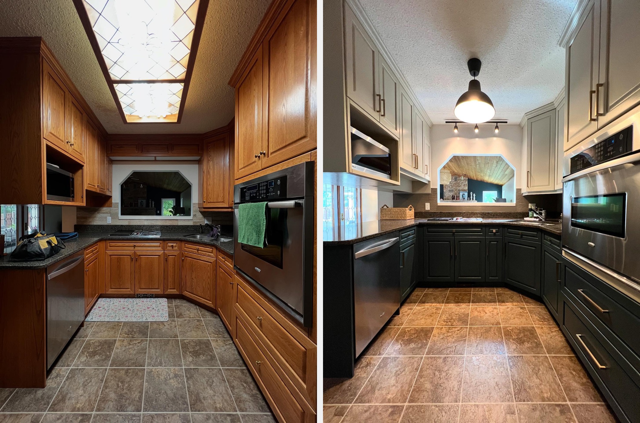Side by side comparison of the same U-shaped kitchen in honey oak with a stained glass fluorescent ceiling before, and the same room with Hazy Skies sage upper cabinets, Lead Grey dark forest green lower cabinets, long brass bar pulls, a black industrial pendant and track lighting after.