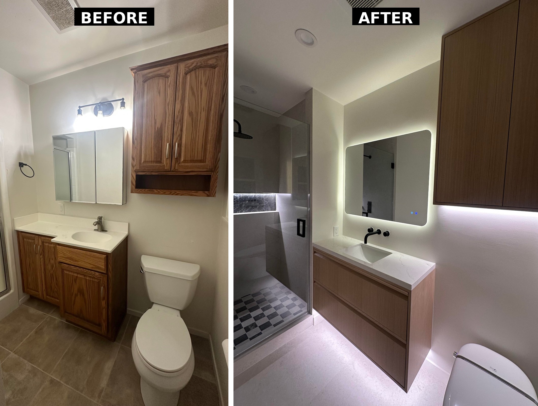 Comparison showing the old orange oak vanity and tall storage cabinet on the left and the new floating light oak vanity with a glowing backlit mirror on the right.