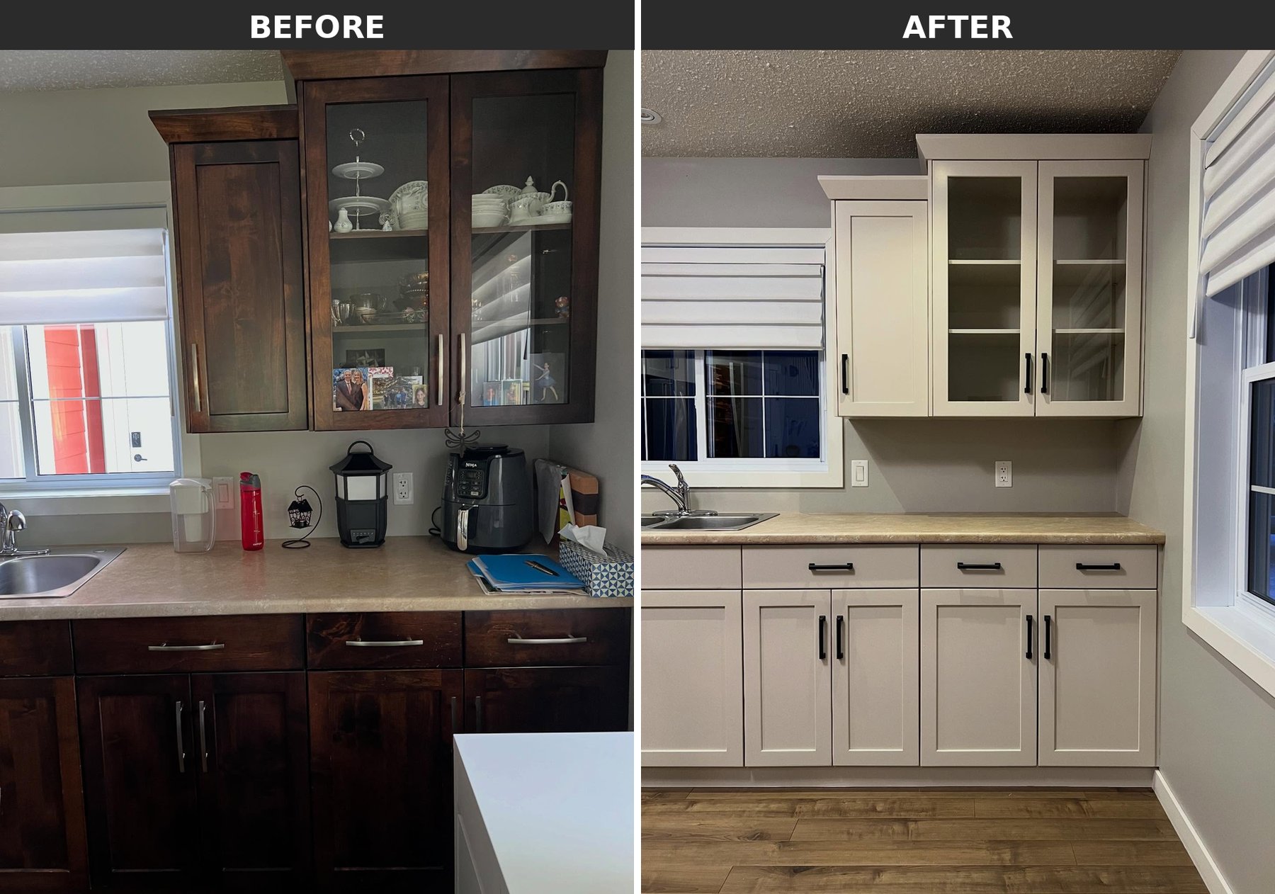 Side-by-side before and after of a walnut glass-front display hutch repainted in Sherwin-Williams Accessible Beige with empty glass shelves and new matte black pulls.