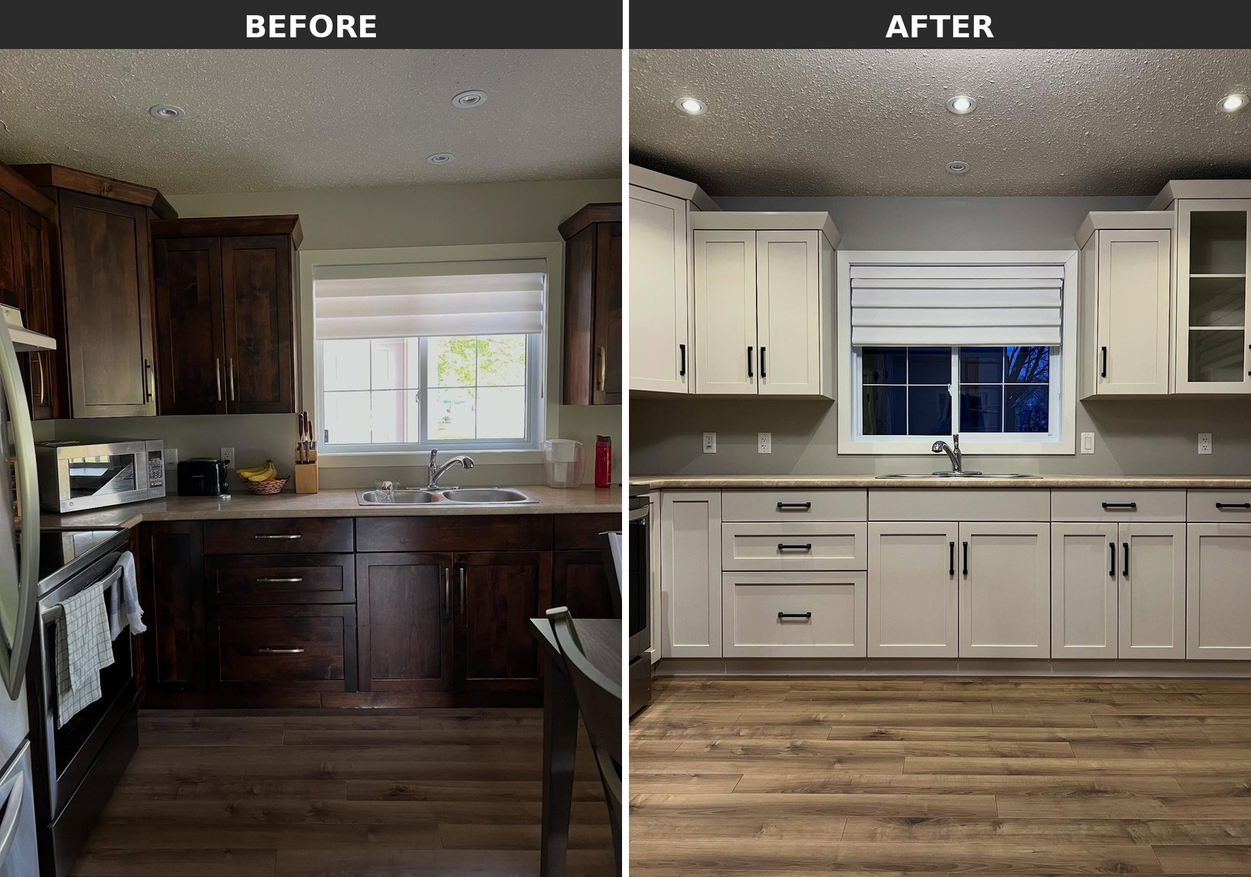 Side-by-side before and after of the kitchen sink wall with dark walnut cabinets repainted in Sherwin-Williams Accessible Beige, same tan laminate counters and double stainless sink below the window in both frames.