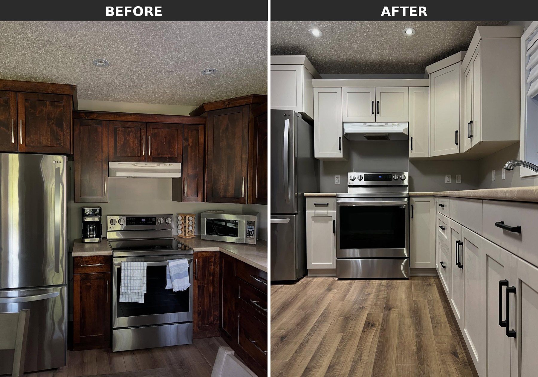 Side-by-side before and after of the kitchen range wall with dark walnut shaker cabinets repainted in Sherwin-Williams Accessible Beige, with the same LG stainless fridge, white range hood, and electric range in both frames.