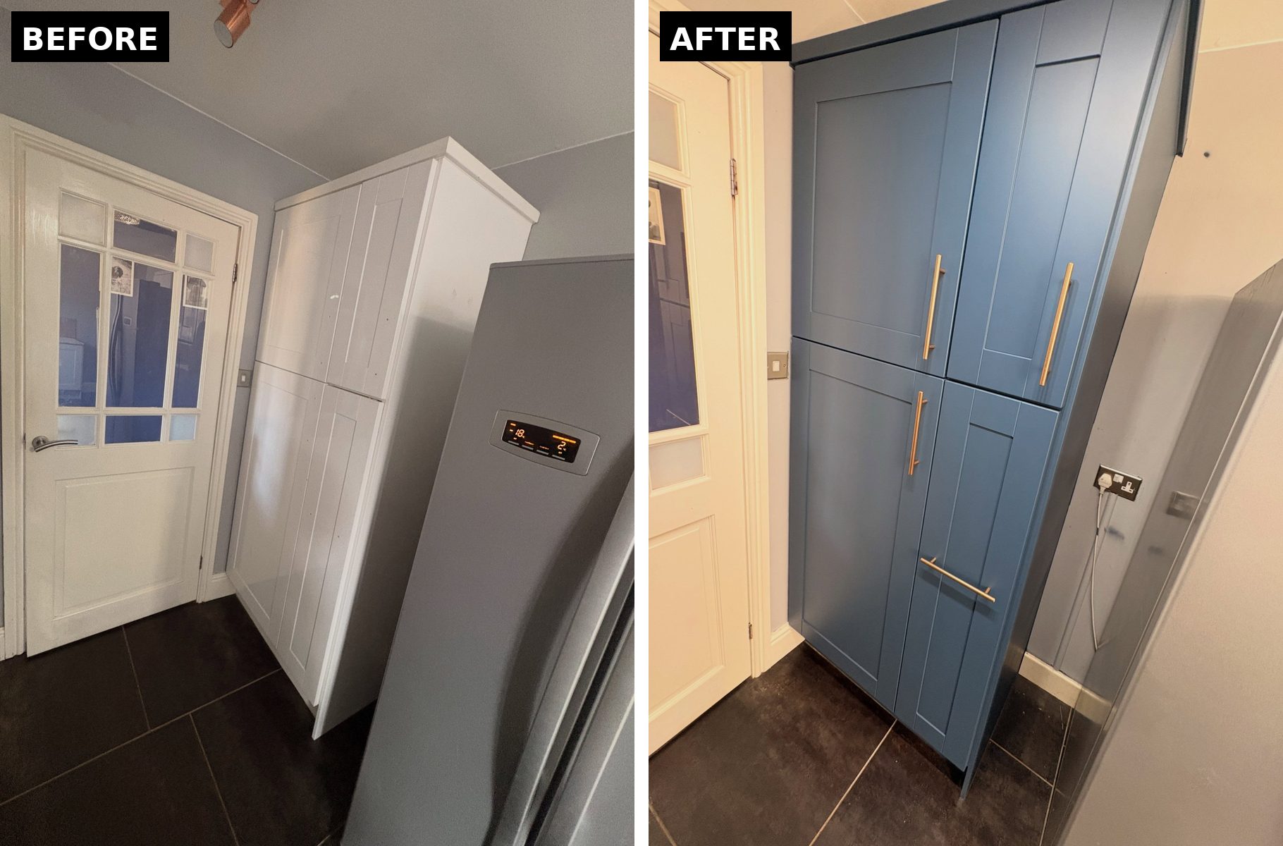 Side-by-side comparison of a plain white freestanding larder on the left and tall built-in Stiffkey Blue pantry doors with copper handles on the right, both beside the same stainless fridge-freezer.