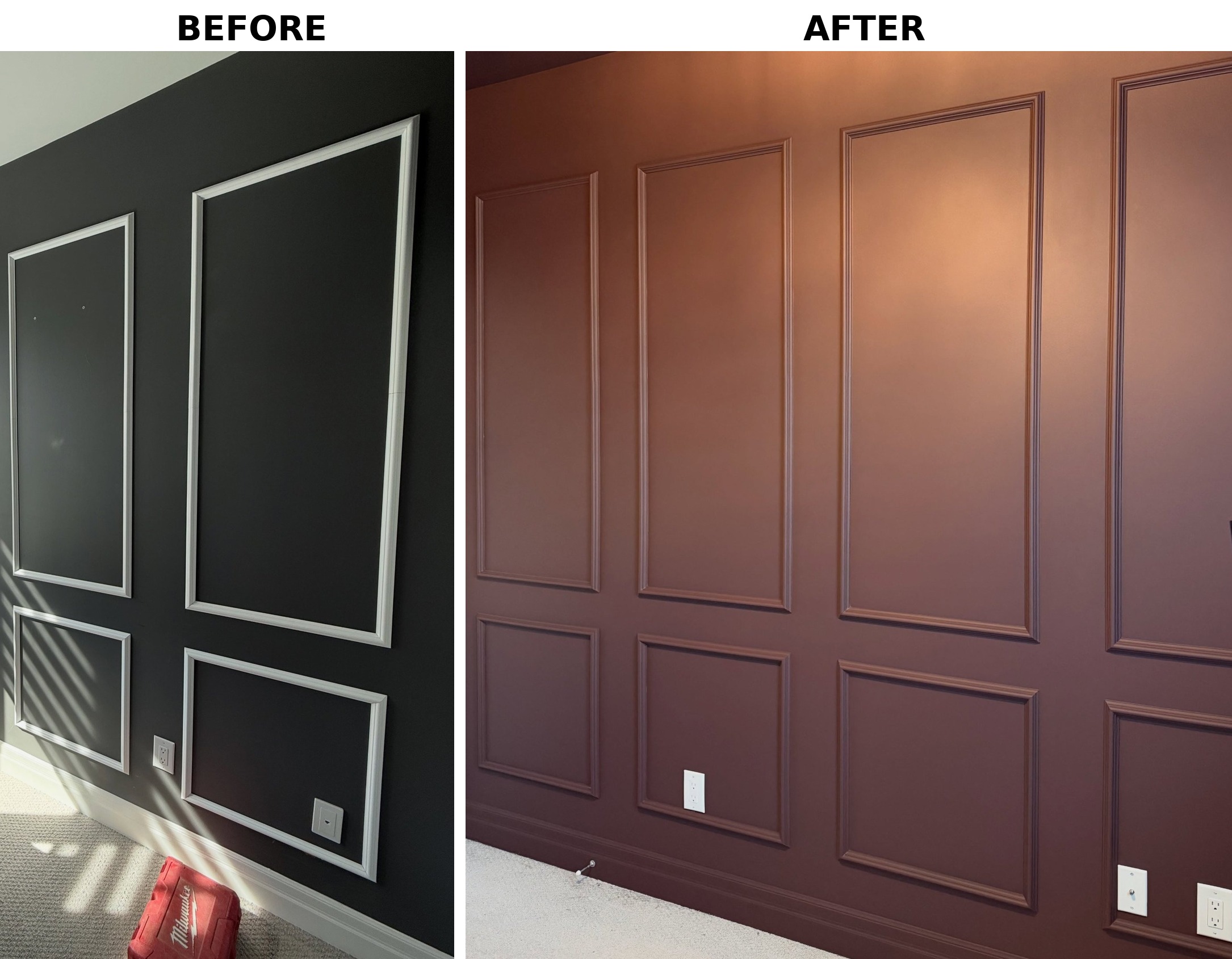 Side-by-side of the panel wall before and after. Left side shows charcoal wall with crisp white trim frames and a Milwaukee tool box on the carpet. Right side shows the same panels in burgundy, where the trim reads as shadow lines instead of applied decoration.