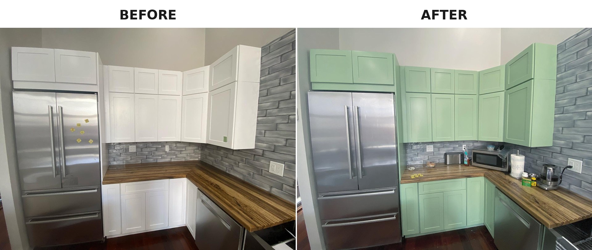 Side-by-side comparison of the kitchen fridge corner, white cabinets on the left and Haven green cabinets on the right, with the same grey brick backsplash and butcher block counters in both frames.