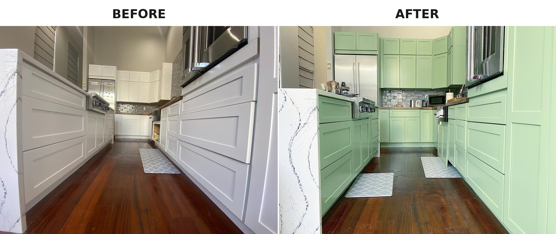 Side-by-side comparison of the galley kitchen from a low angle, white shaker drawers on the left and Haven green drawers on the right, with the same waterfall quartz island visible in both frames.