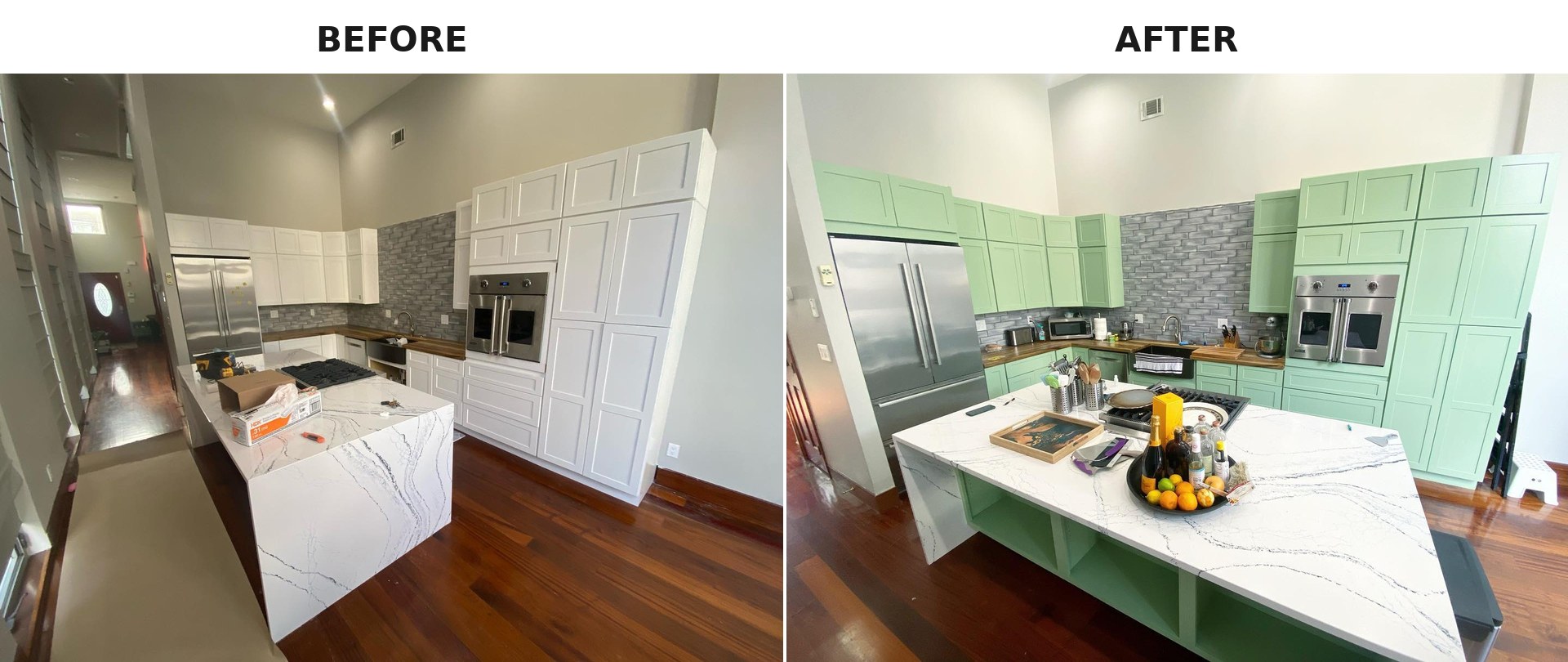Side-by-side comparison of the same wide kitchen view, white shaker cabinets on the left and Sherwin-Williams Haven green cabinets on the right, with the same island, backsplash, appliances, and floor in both frames.