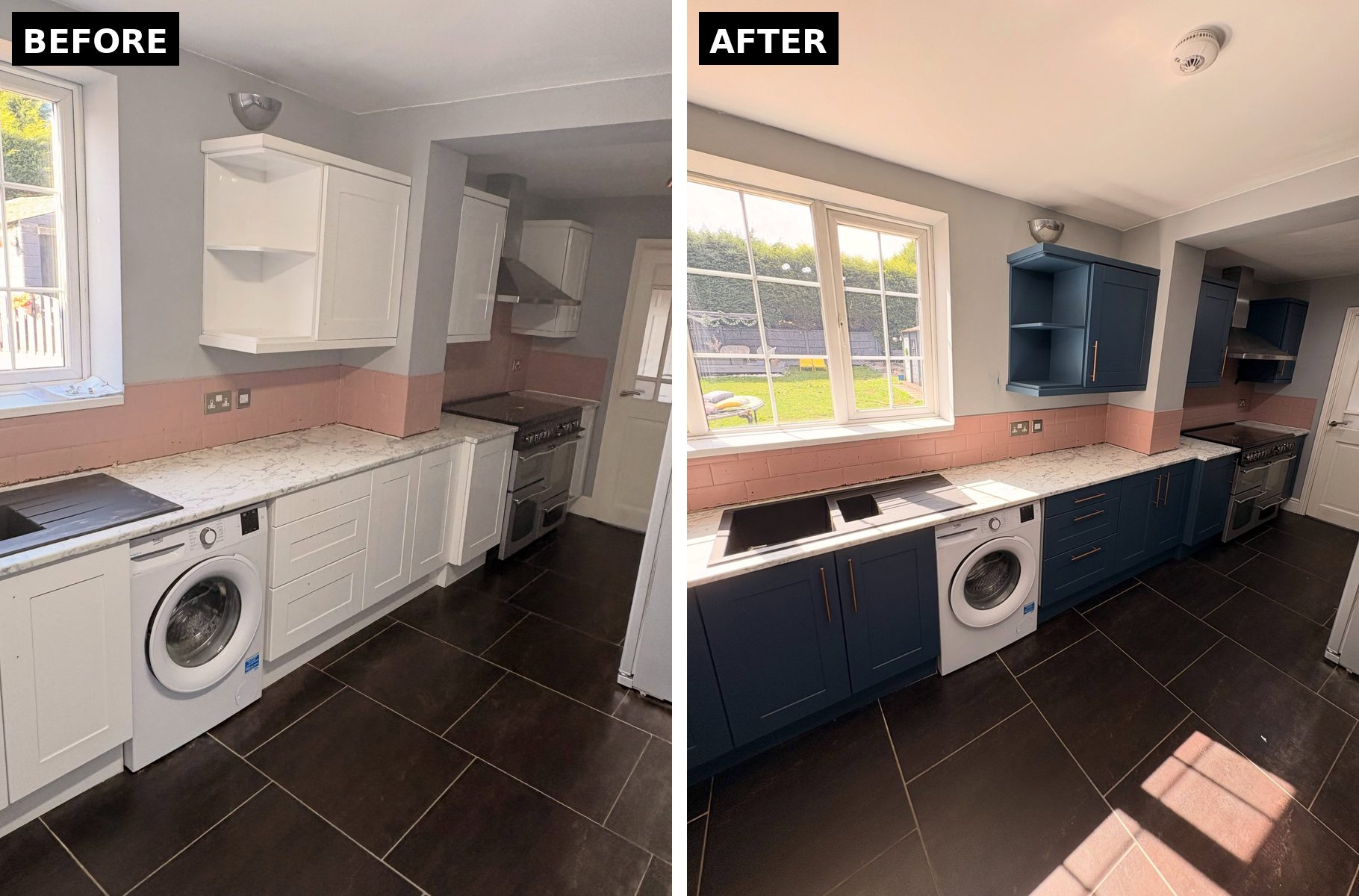 Side-by-side comparison showing the same long kitchen run in white gloss on the left and Farrow and Ball Stiffkey Blue with copper handles on the right, same pink subway tile and marble counter and dark floor in both.