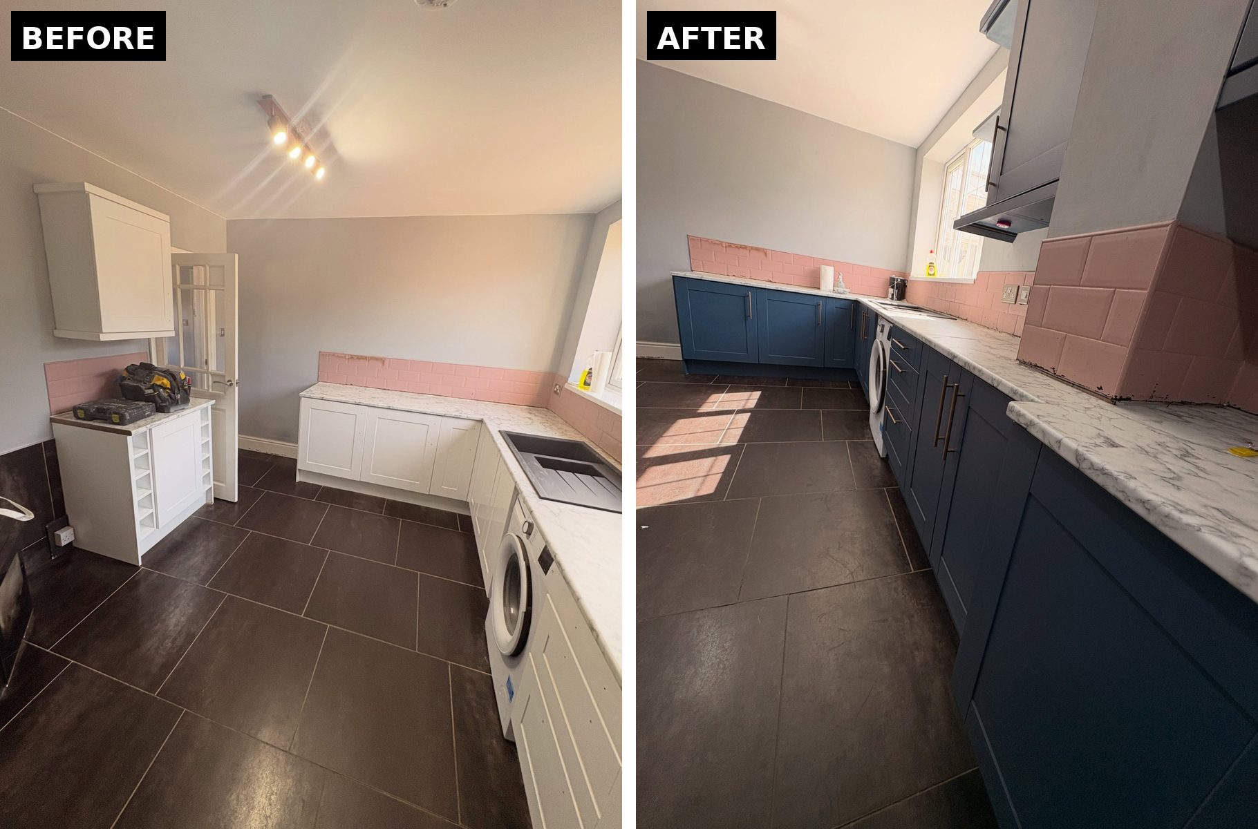 Side-by-side of the sink and washer run of the kitchen in white gloss on the left and Stiffkey Blue with copper handles on the right, same marble counter and pink tile in both.