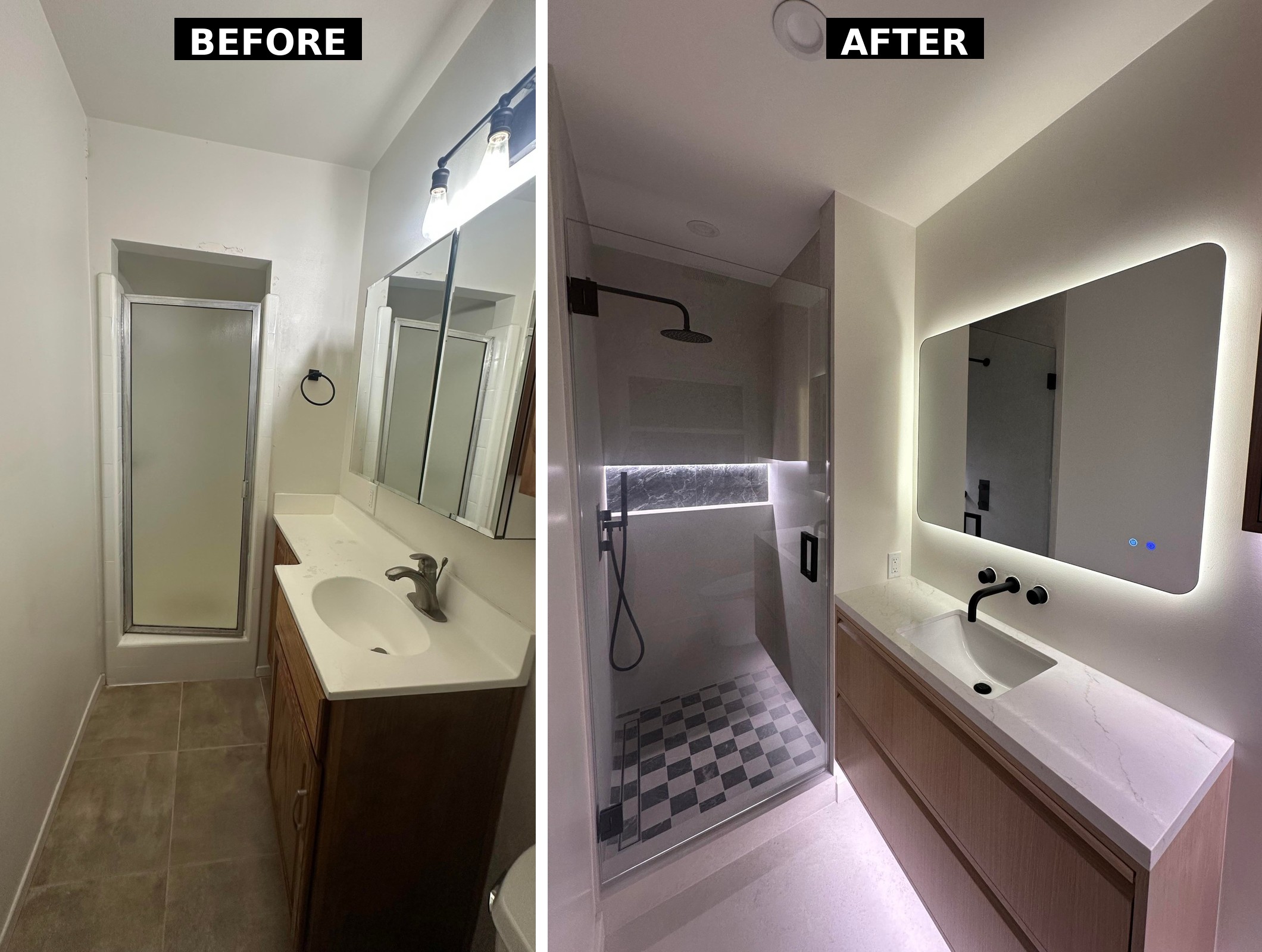 Comparison of the full bathroom before with orange oak and a tall frosted shower door on the left, and the same bathroom after with a glass shower, light oak vanity, and lit mirror on the right.