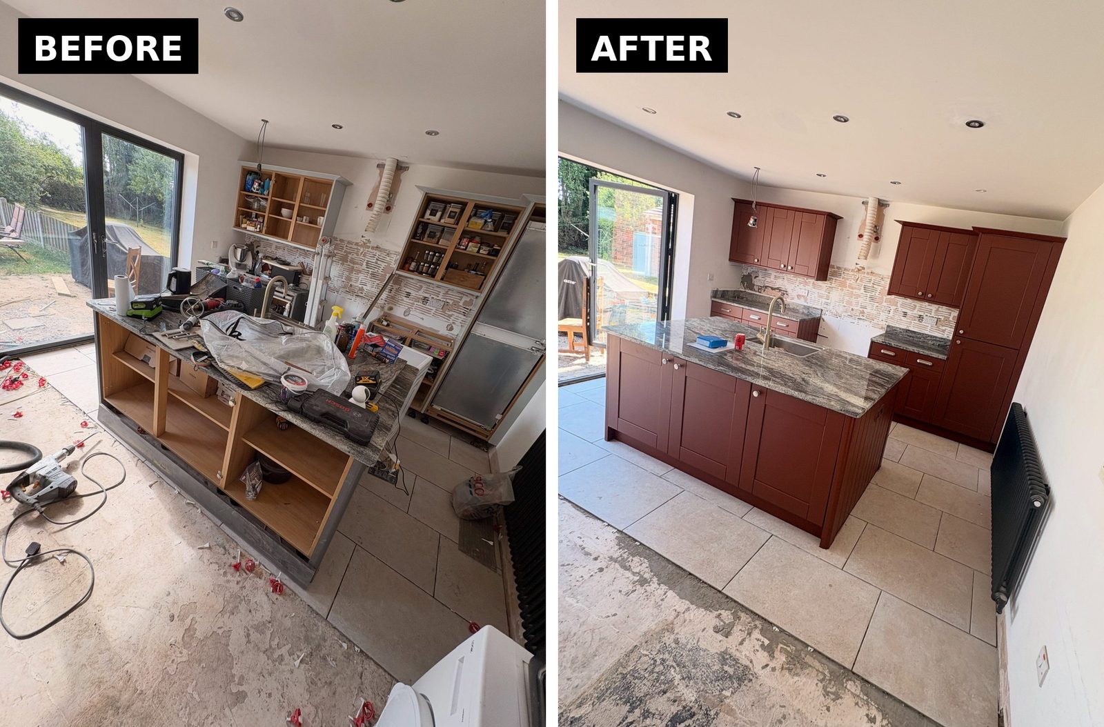 Side-by-side view of a kitchen before and after a cabinet respray, with the same granite worktops, chrome handles, and travertine floor in both shots.