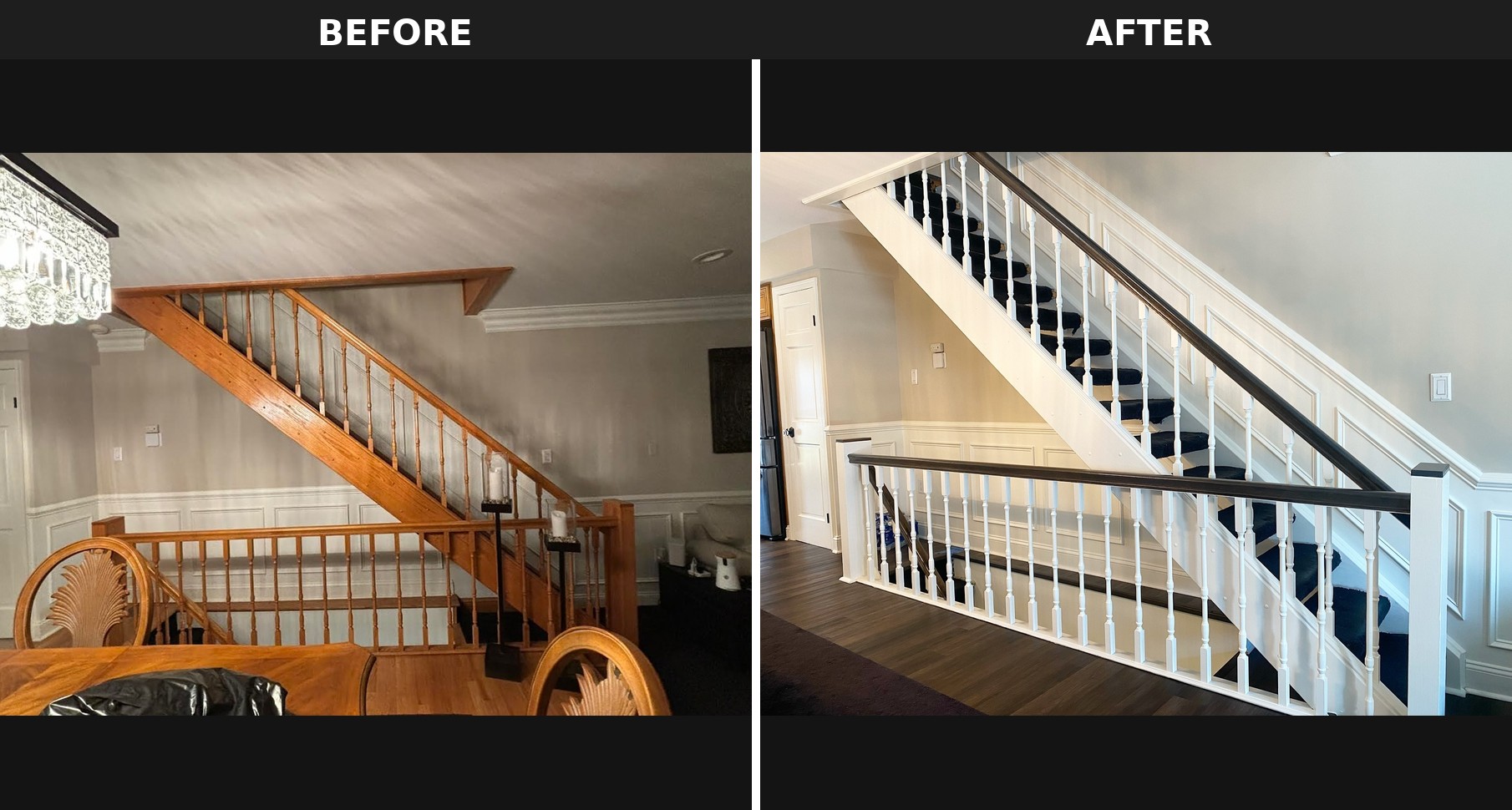 Side by side comparison of the orange oak staircase before and the finished two tone staircase after, both shown from similar wide vantages across the main floor.