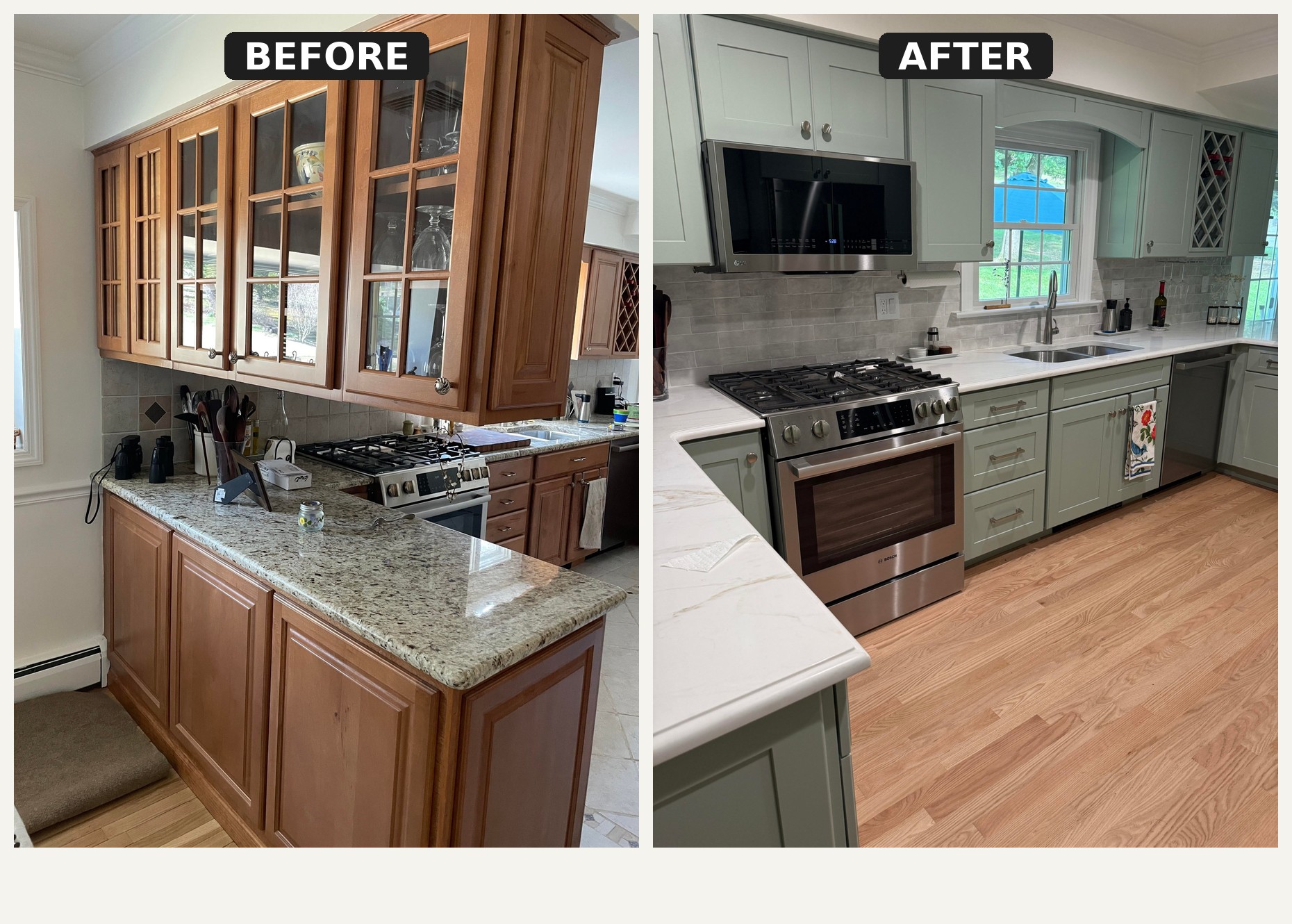 Side-by-side comparison of the kitchen with honey oak cabinets and granite on the left, and sage green shaker cabinets with white quartz counters and red oak floors on the right.