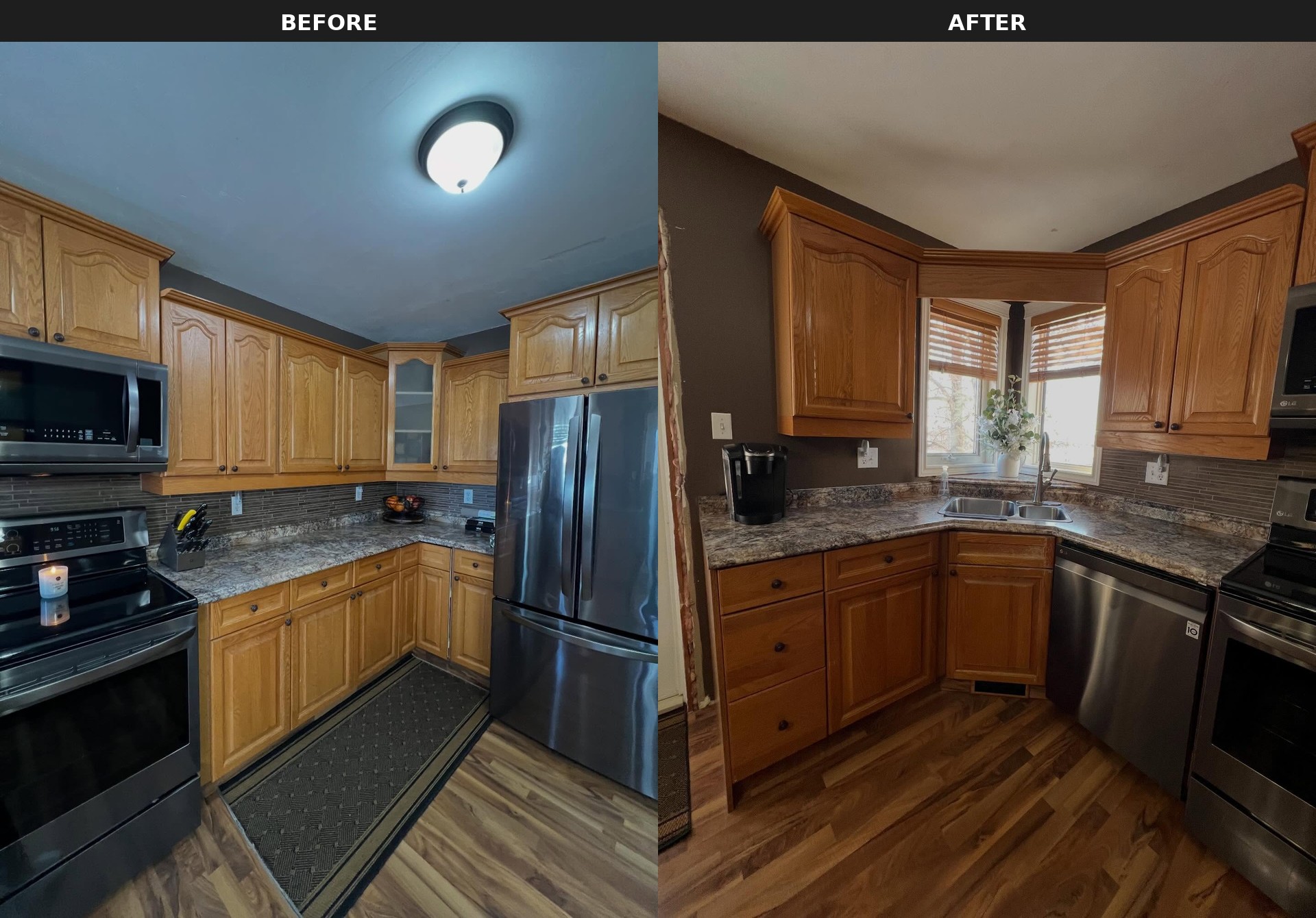 Side by side view of the same U-shaped kitchen with the same arched cabinet doors, orange honey oak on the left and soft warm greige on the right.